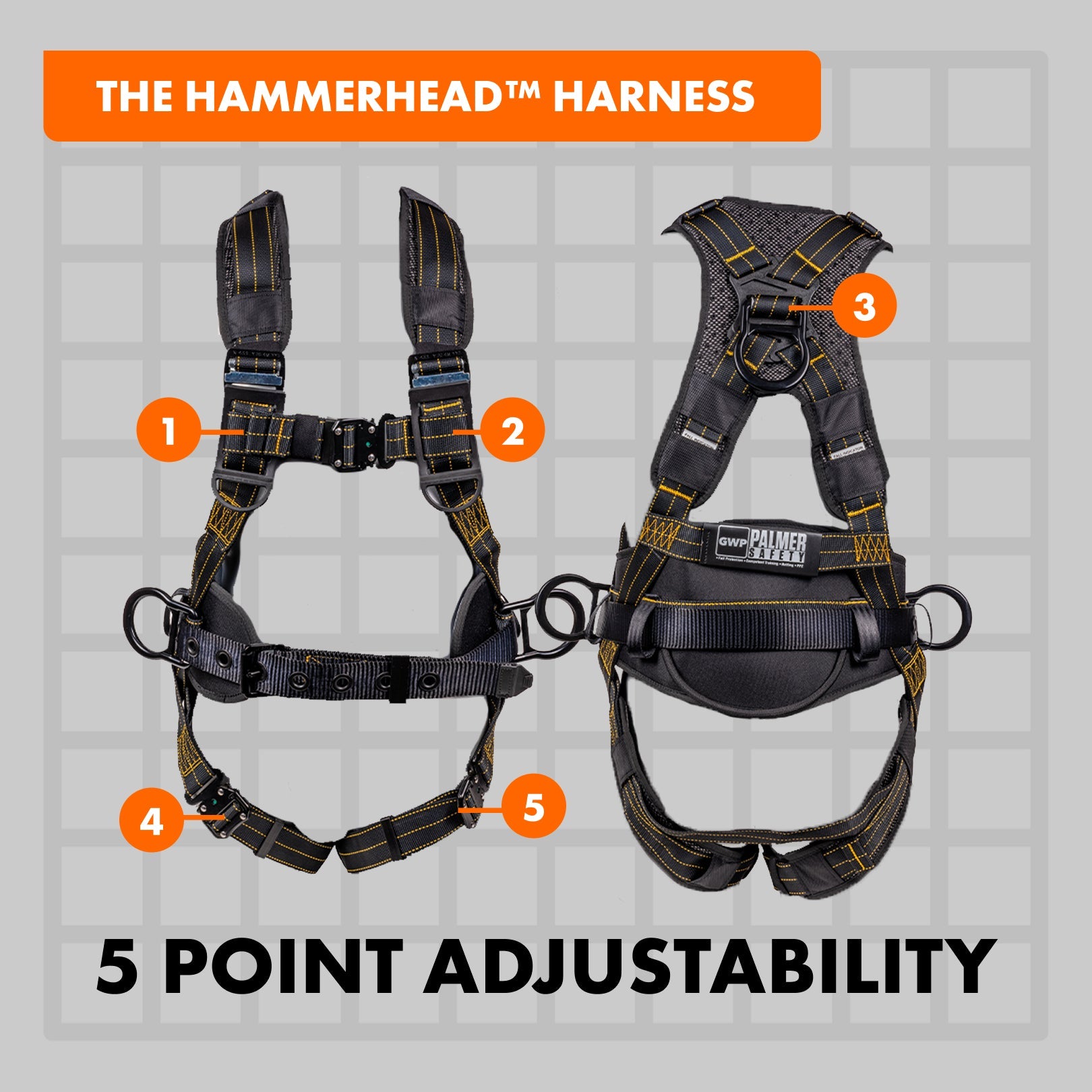 Hammerhead™ Series Harness 5pt., Padded Back, Legs and Belt, QCB Chest and Legs, Back/Side D - Rings, Black - Defender Safety