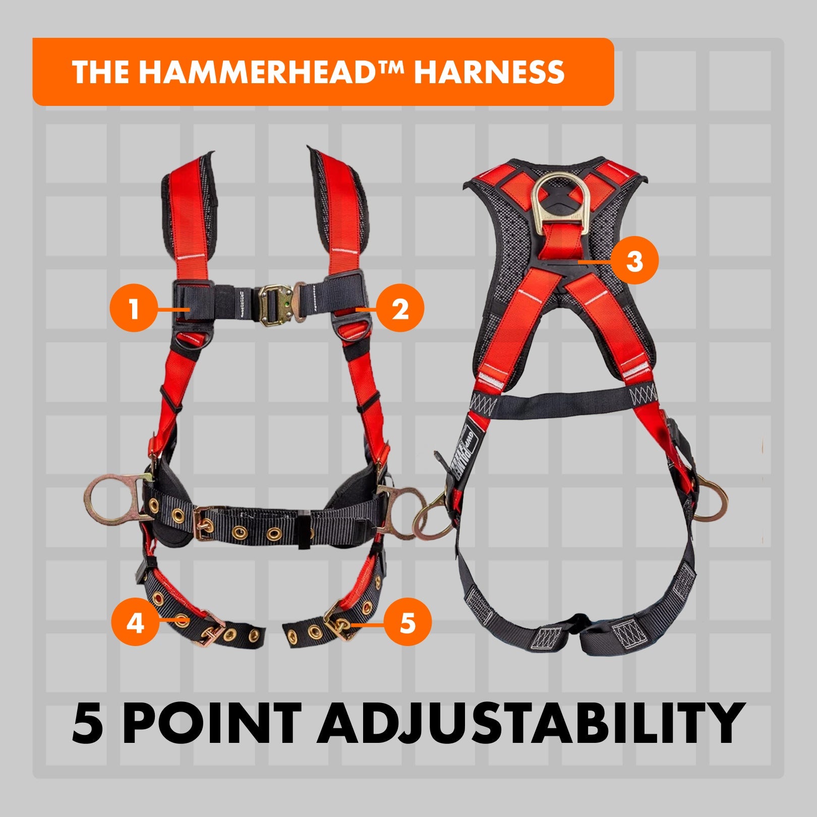 Hammerhead™ Series Harness 5pt., Padded Back, QCB Chest, Tongue & Buckle Leg Straps, SRL Back Plate, Positioning Belt with Side D - Rings - Defender Safety