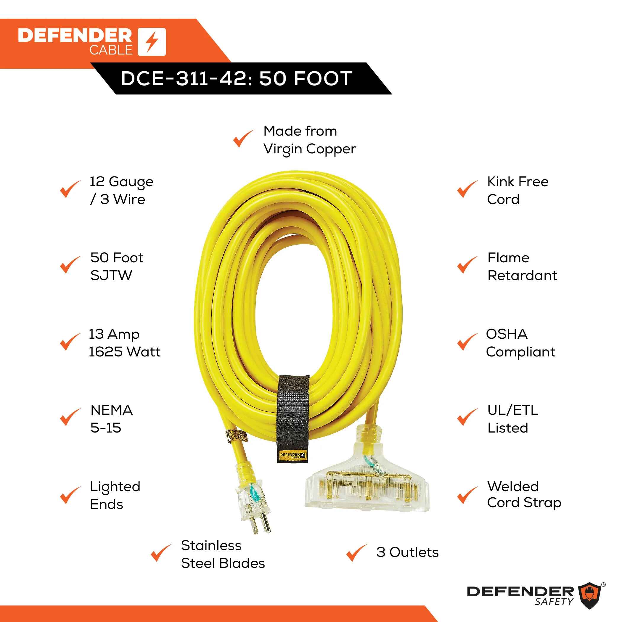 12/3 Gauge, 50 ft SJTW POWERBLOCK w/Lighted End Extension Cord. Contractor Grade, UL/ETL Listed - Defender Safety