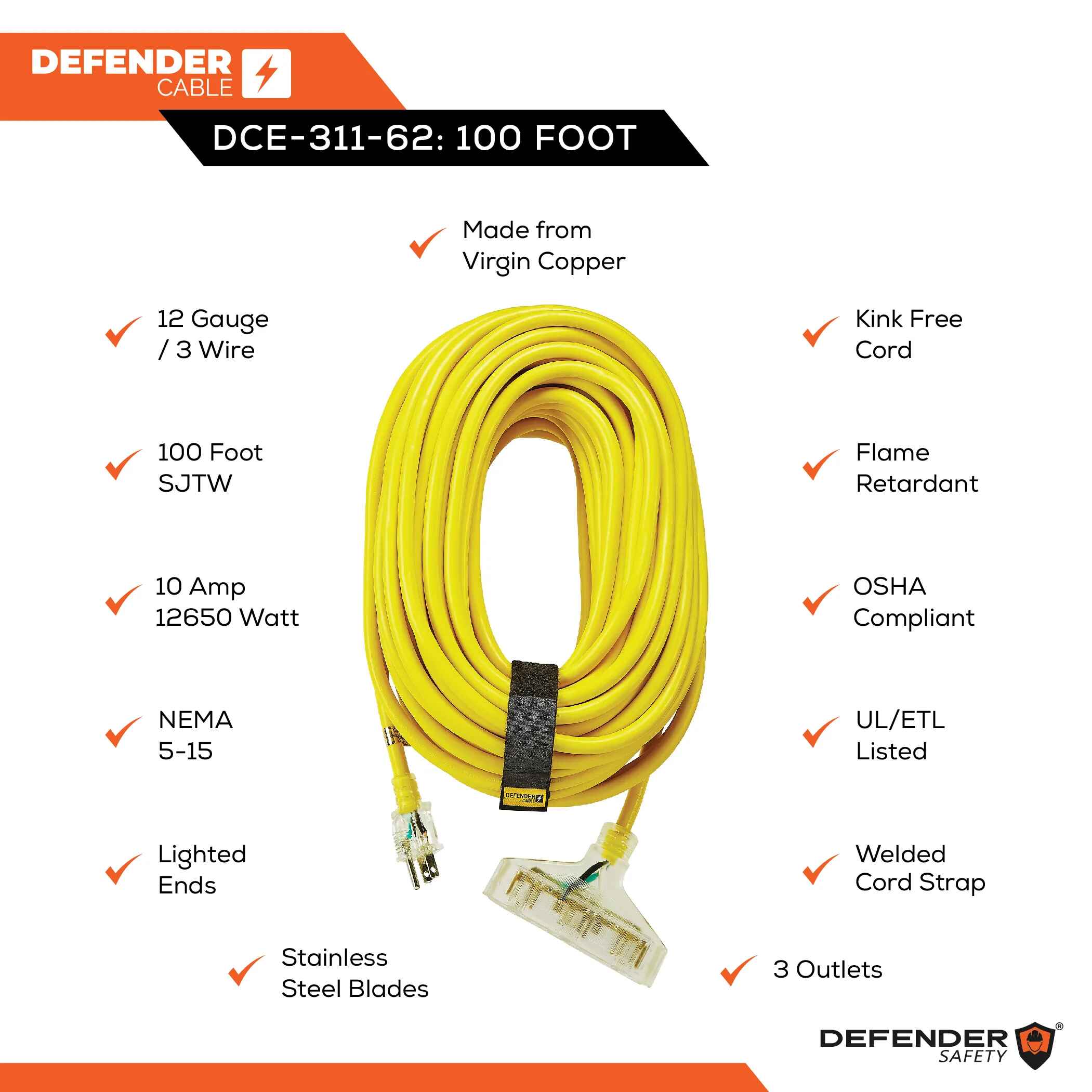 12/3 Gauge,100 ft SJTW POWERBLOCK w/ Lighted End Extension Cord UL/ETL Listed - Defender Safety