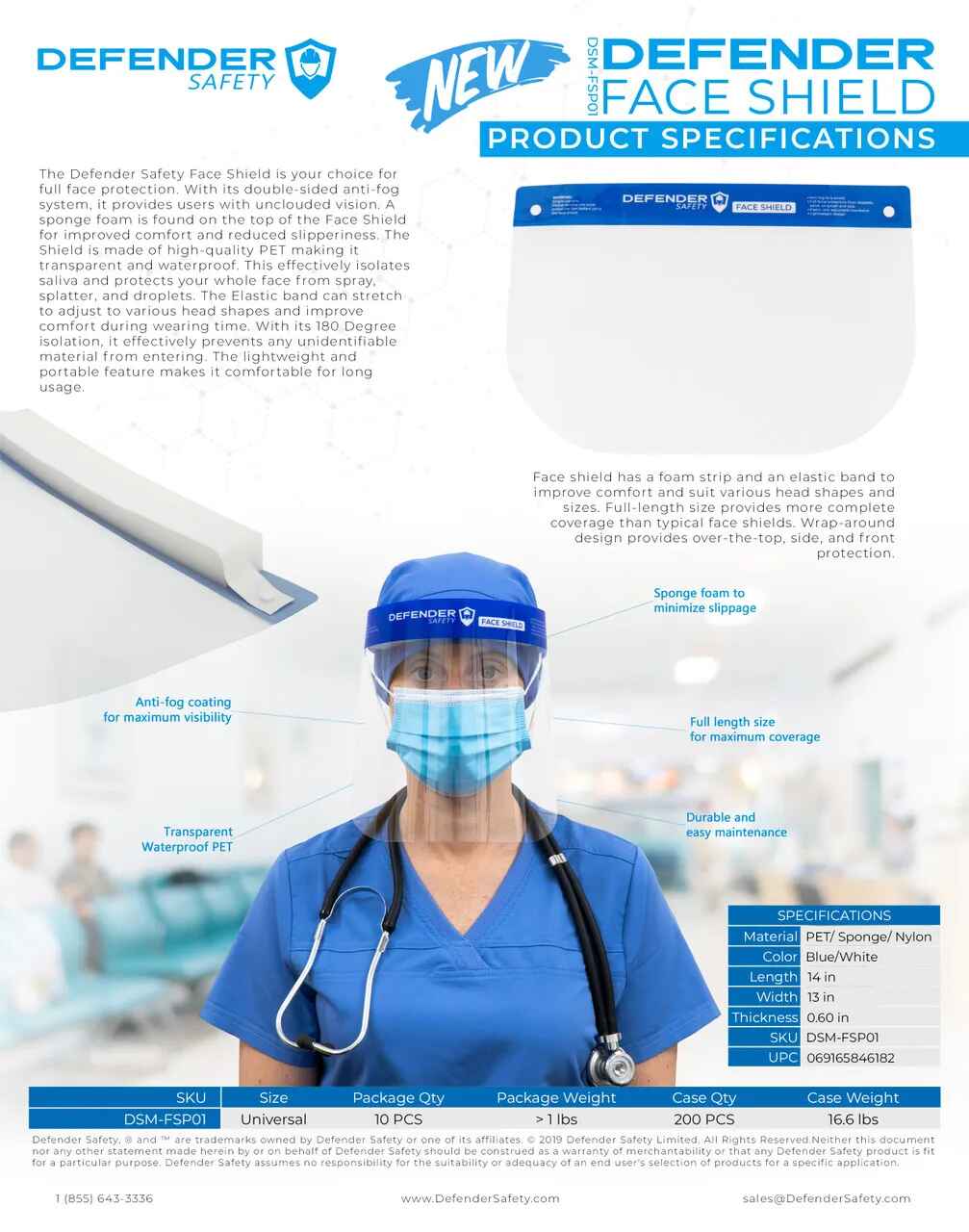Clear Face Shield, All-Round Protection Headband with Clear Anti-Fog Lens (10 pack) - Defender Safety