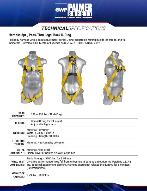 Construction Safety Harness 3 Point Pass-Thru Legs, Back D-Ring, Yellow - Defender Safety