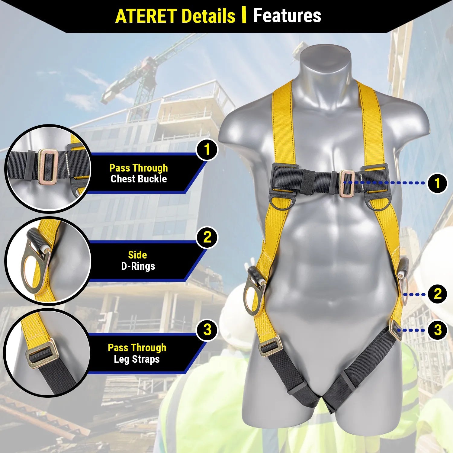 Construction Safety Harness 3 Point Pass-Thru Legs, Back/Side D-Rings - Defender Safety