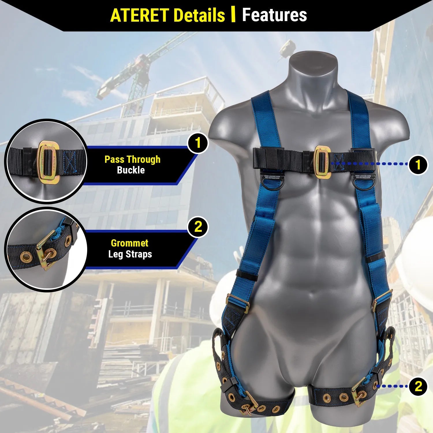 Construction Safety Harness 5 Point, Grommet Legs, Back D-Ring, Blue - Defender Safety