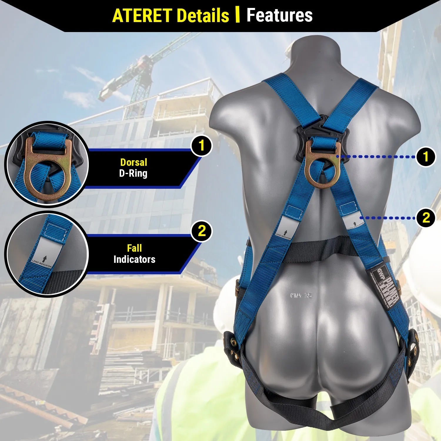 Construction Safety Harness 5 Point, Grommet Legs, Back D-Ring, Blue - Defender Safety