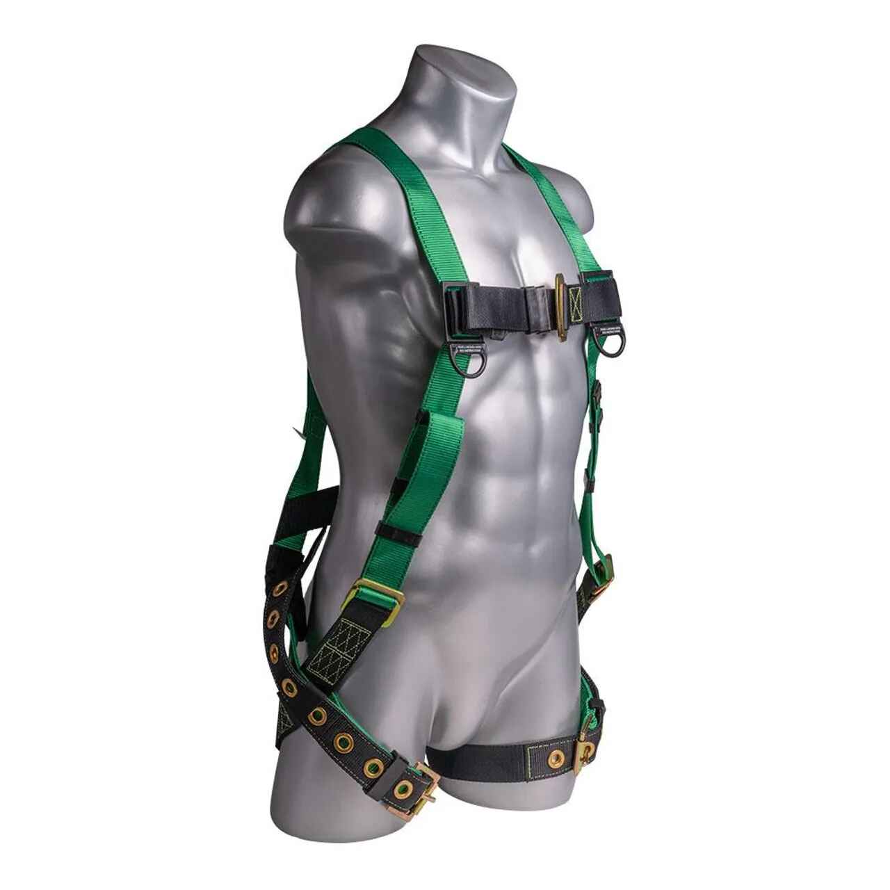 Construction Safety Harness 5 Point, Grommet Legs, Back D-Ring, Green - Defender Safety