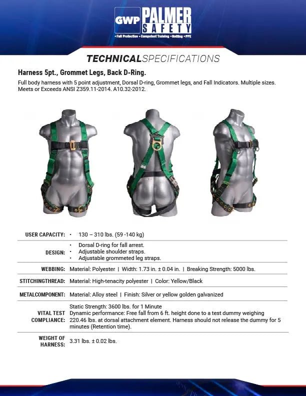 Construction Safety Harness 5 Point, Grommet Legs, Back D-Ring, Green - Defender Safety