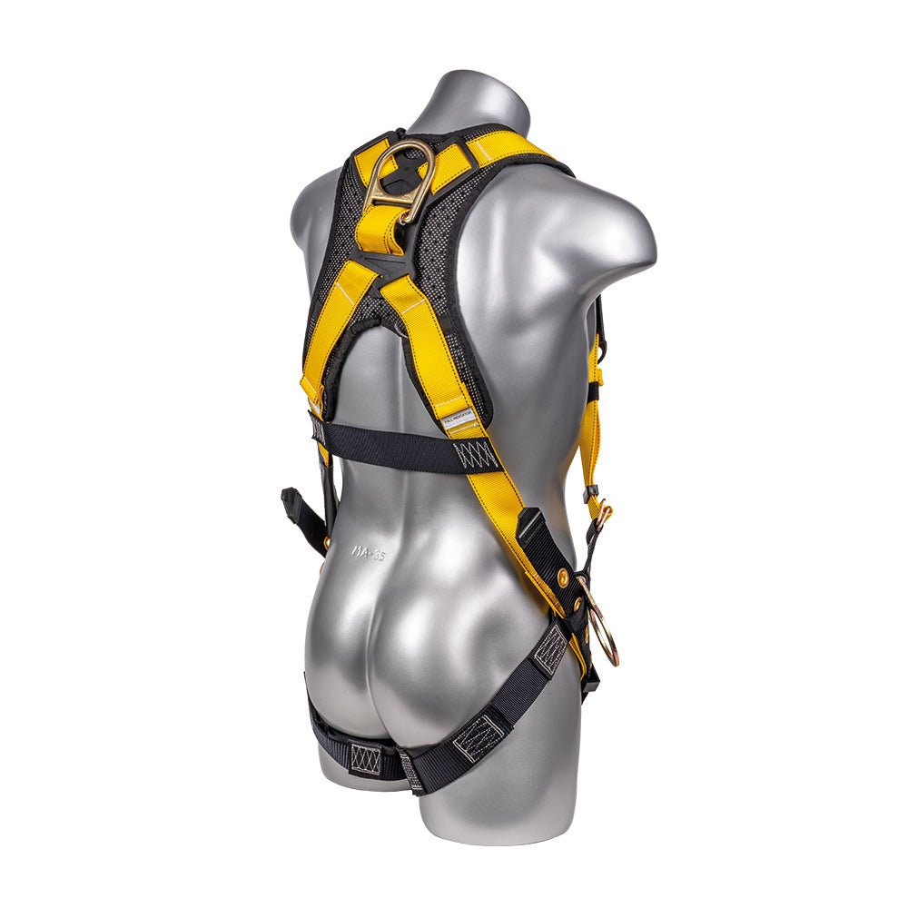 Construction Safety Harness 5 Point, Grommet Legs, Padded Back, Yellow - Defender Safety