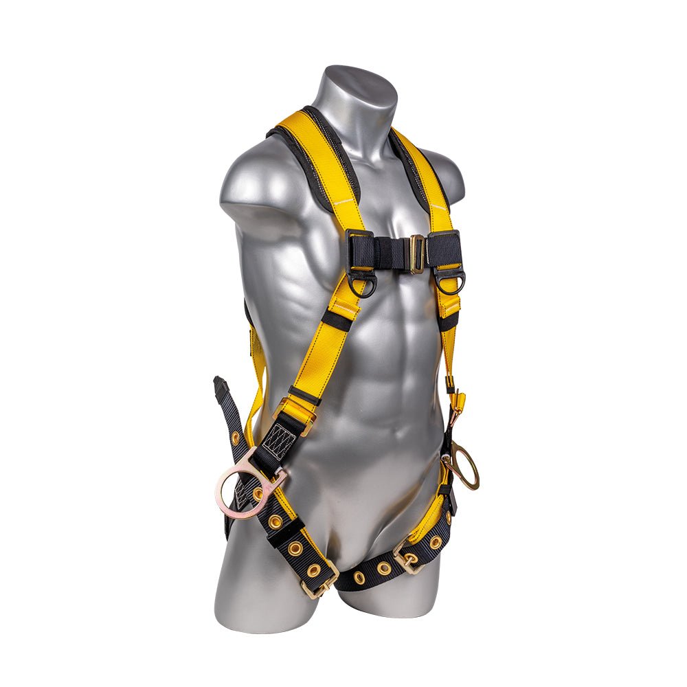 Construction Safety Harness 5 Point, Grommet Legs, Padded Back, Yellow - Defender Safety