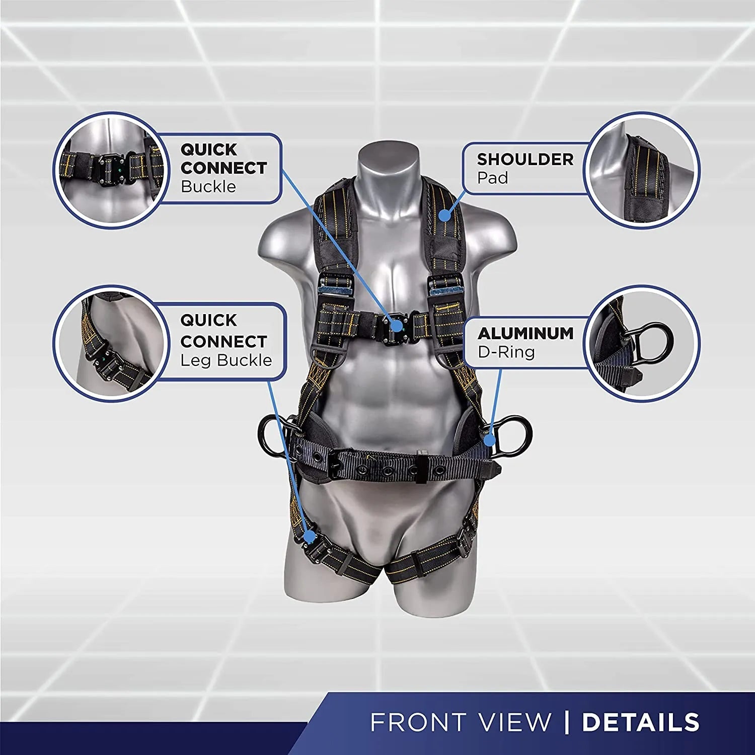 Construction Safety Harness 5 Point, Padded Back & Grommet Legs - Defender Safety