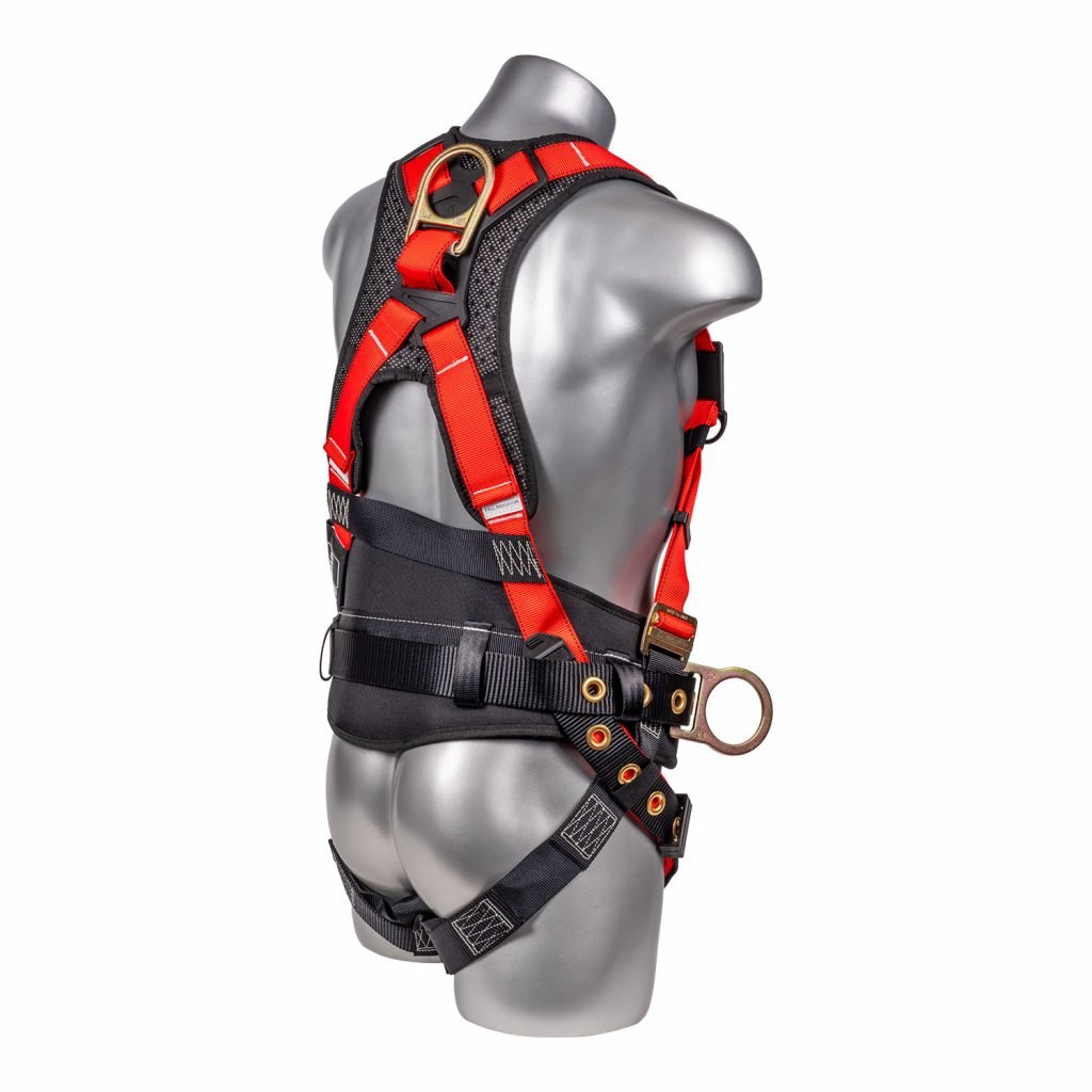 Construction Safety Harness 5 Point, QCB Chest, Grommet Legs, Red - Defender Safety