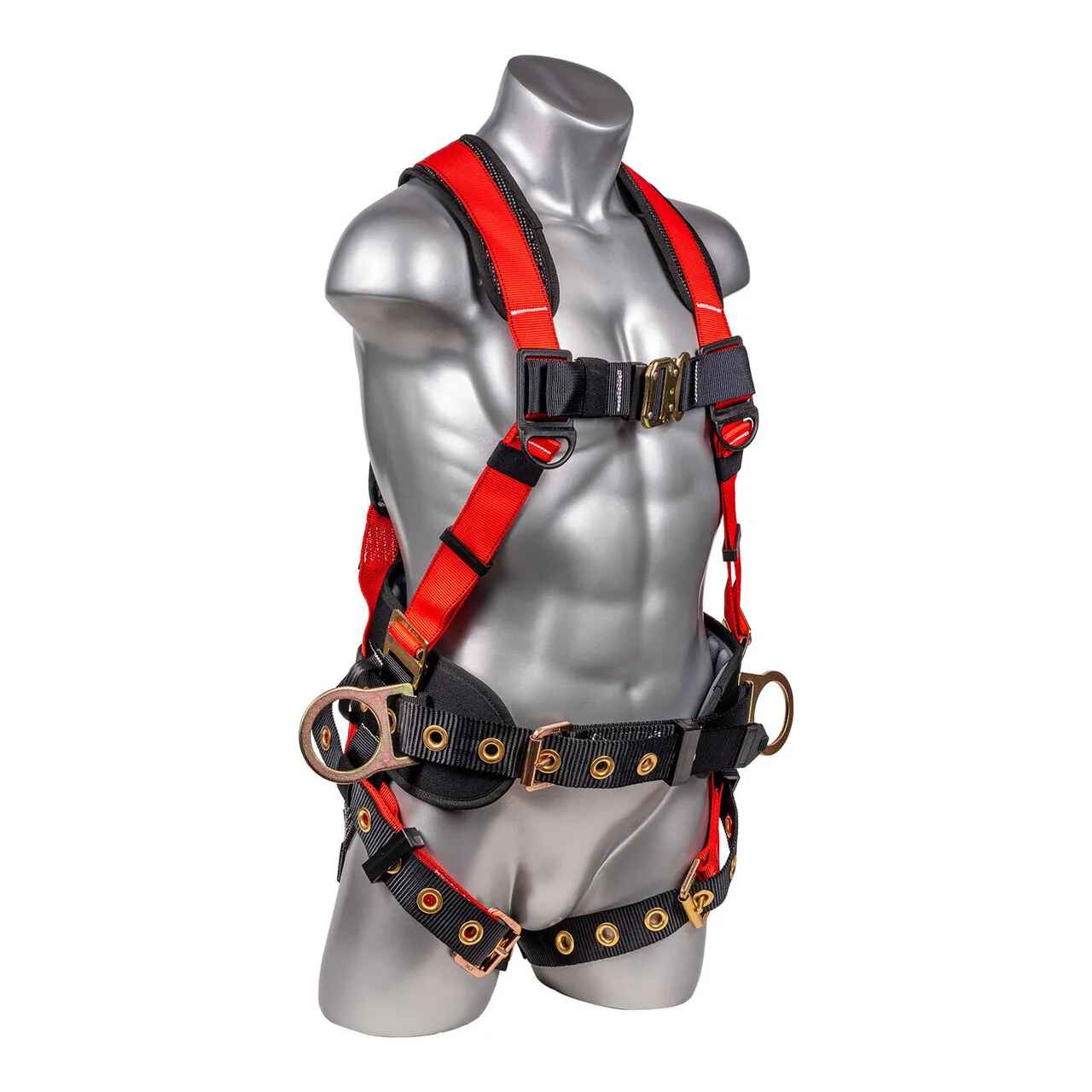 Construction Safety Harness 5 Point, QCB Chest, Grommet Legs, Red - Defender Safety