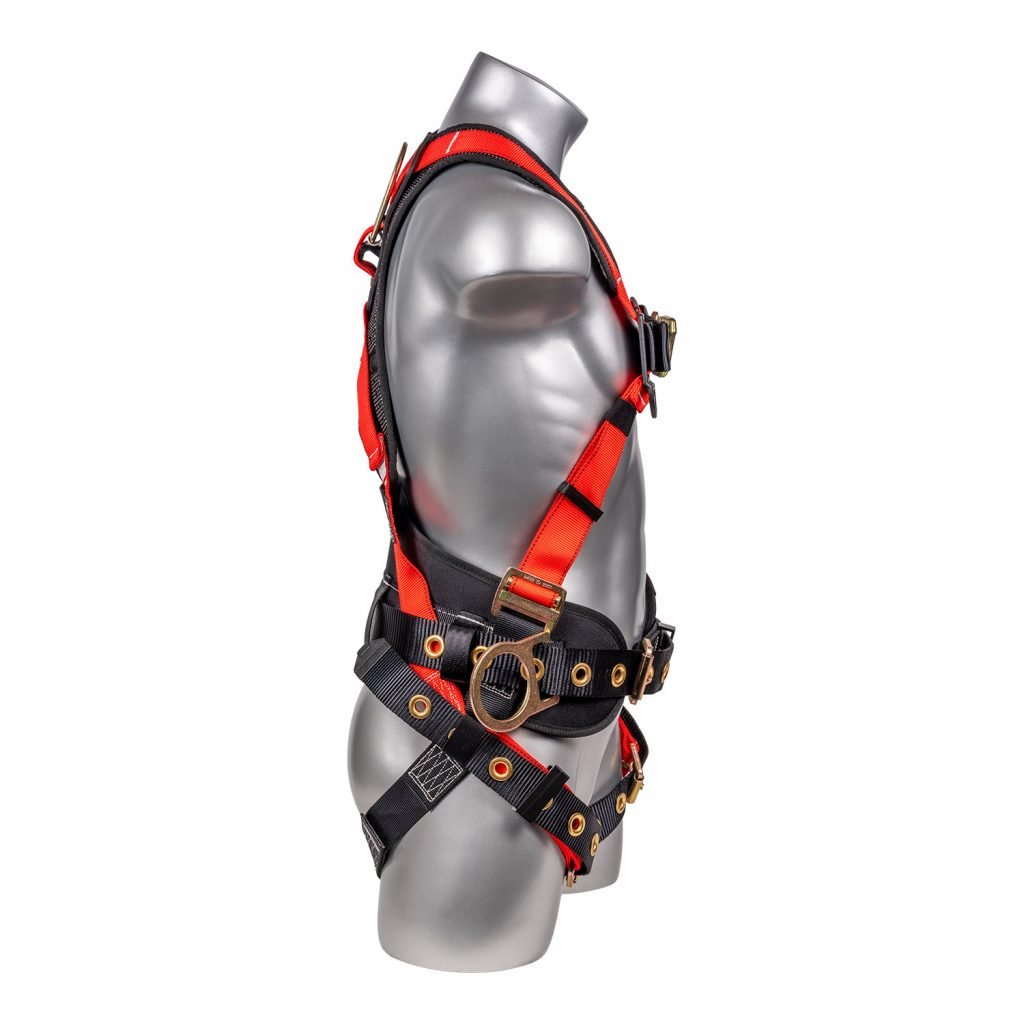 Construction Safety Harness 5 Point, QCB Chest, Grommet Legs, Red - Defender Safety