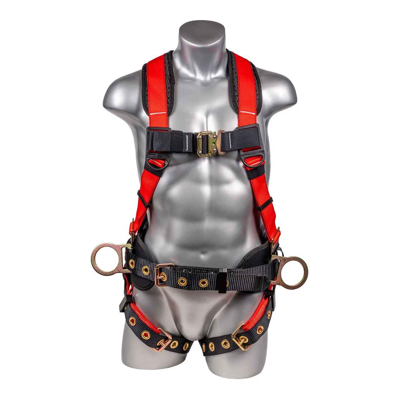 Construction Safety Harness 5 Point, QCB Chest, Grommet Legs, Red - Defender Safety