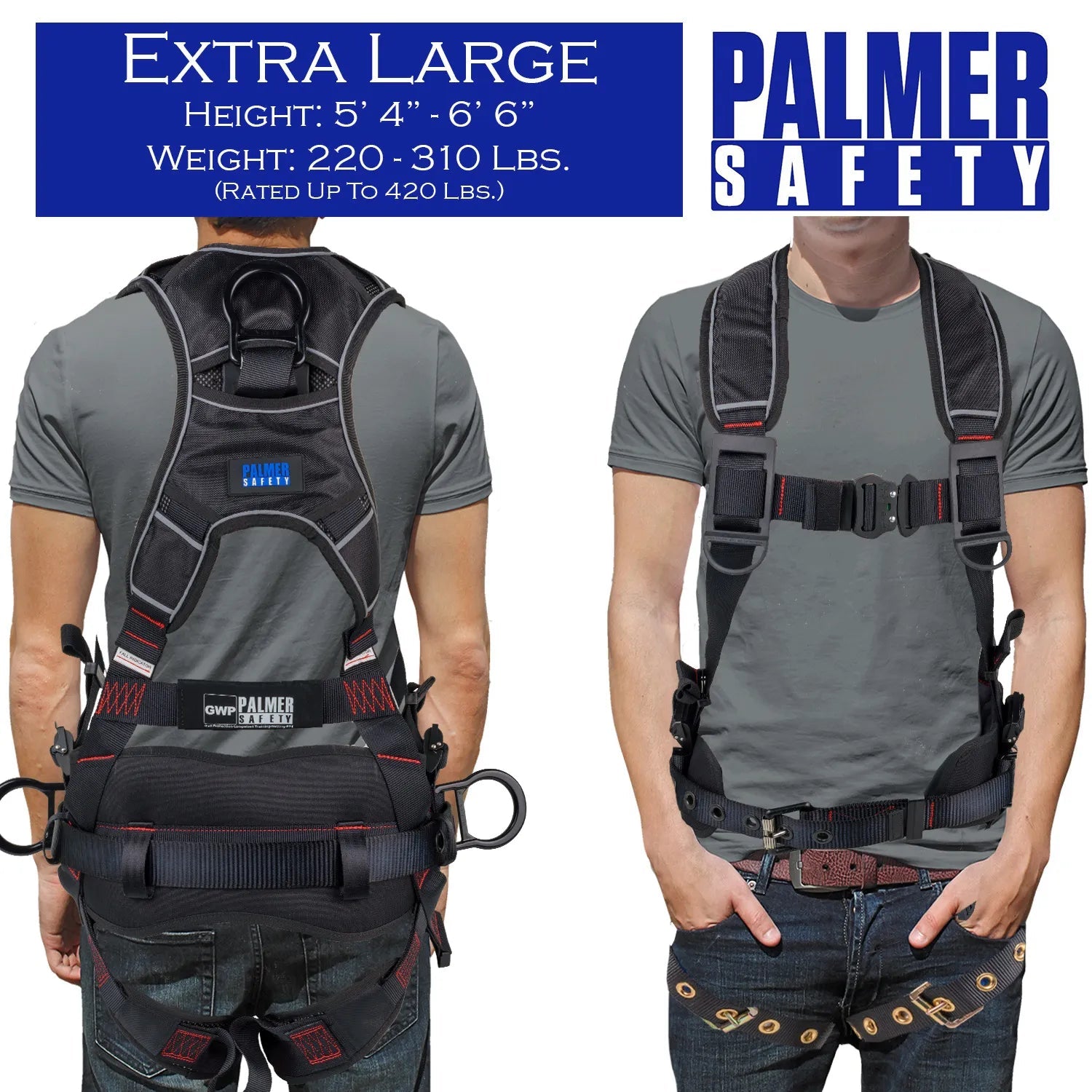 Construction Safety Harness 5 Point, QCB, Padded Back, Grommet Legs - Defender Safety