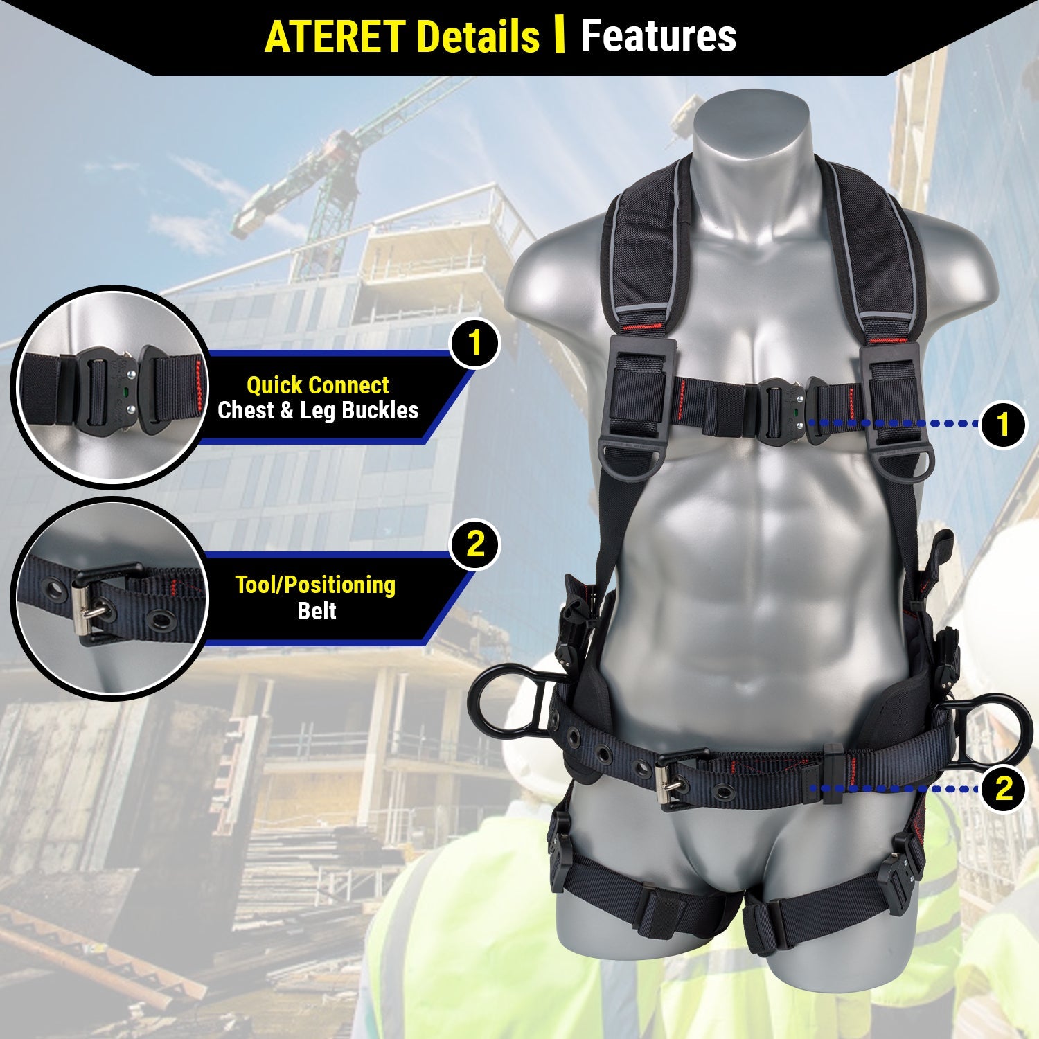 Construction Safety Harness 5 Point, QCB, Padded Back, Grommet Legs - Defender Safety