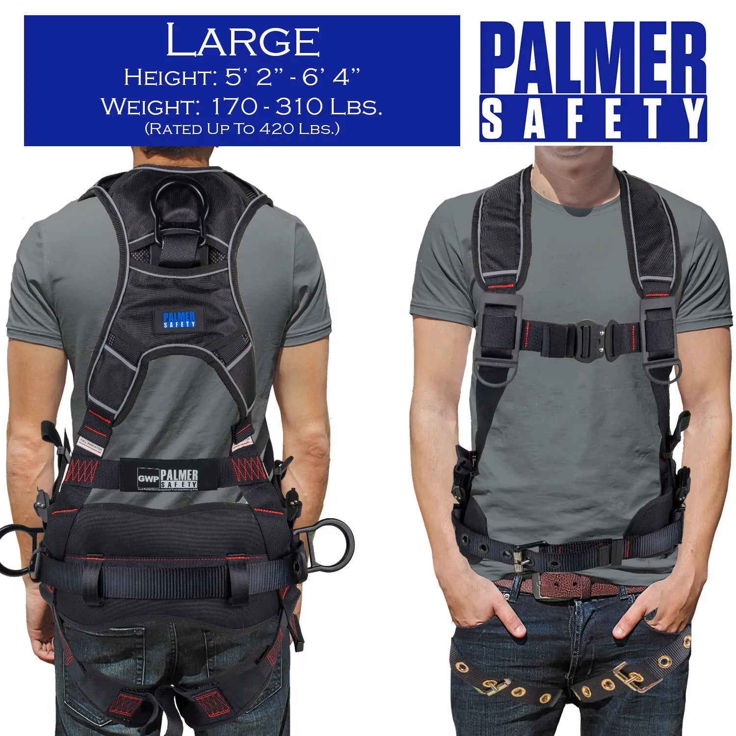 Construction Safety Harness 5 Point, QCB, Padded Back, Grommet Legs - Defender Safety