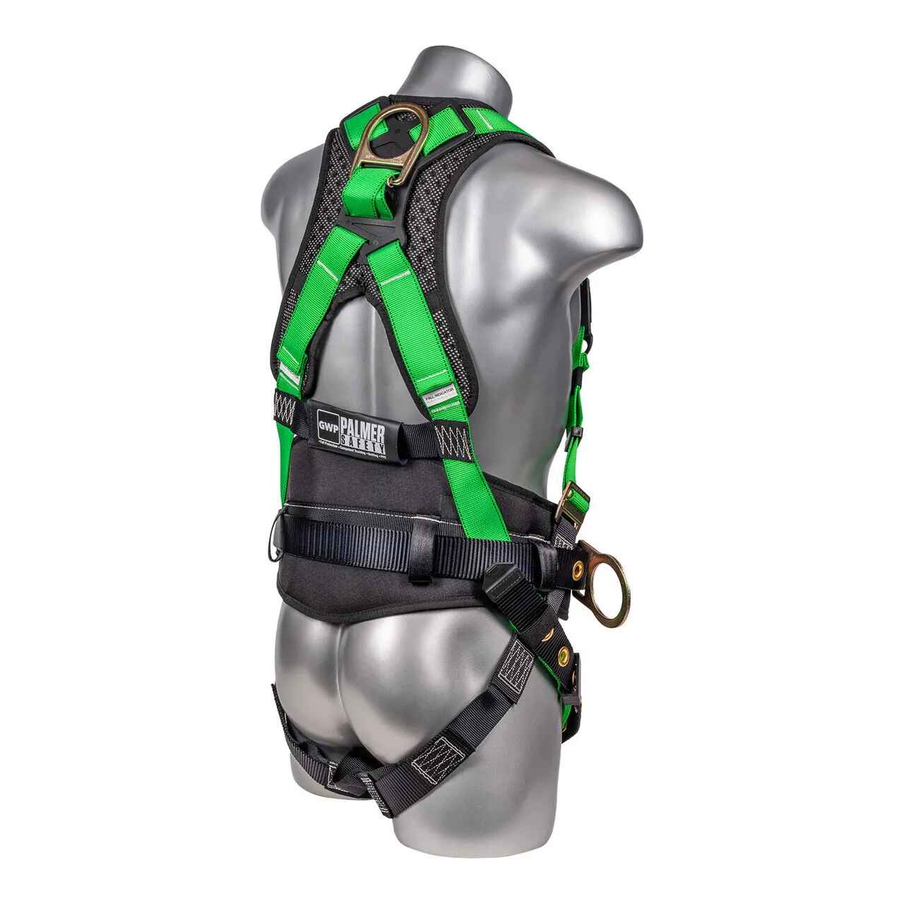 Construction Safety Harness 5 Pt, Back Padded, QCB, Grommet Legs Green - Defender Safety