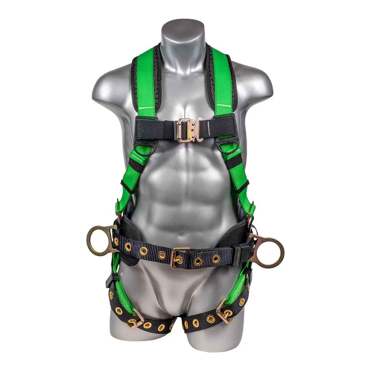 Construction Safety Harness 5 Pt, Back Padded, QCB, Grommet Legs Green - Defender Safety