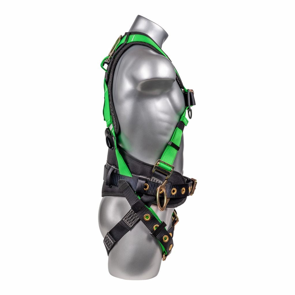 Construction Safety Harness 5 Pt, Back Padded, QCB, Grommet Legs Green - Defender Safety