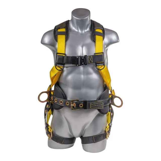 Construction Safety Harness 5 Pt Back Padded, QCB, Grommet Legs Yellow - Defender Safety