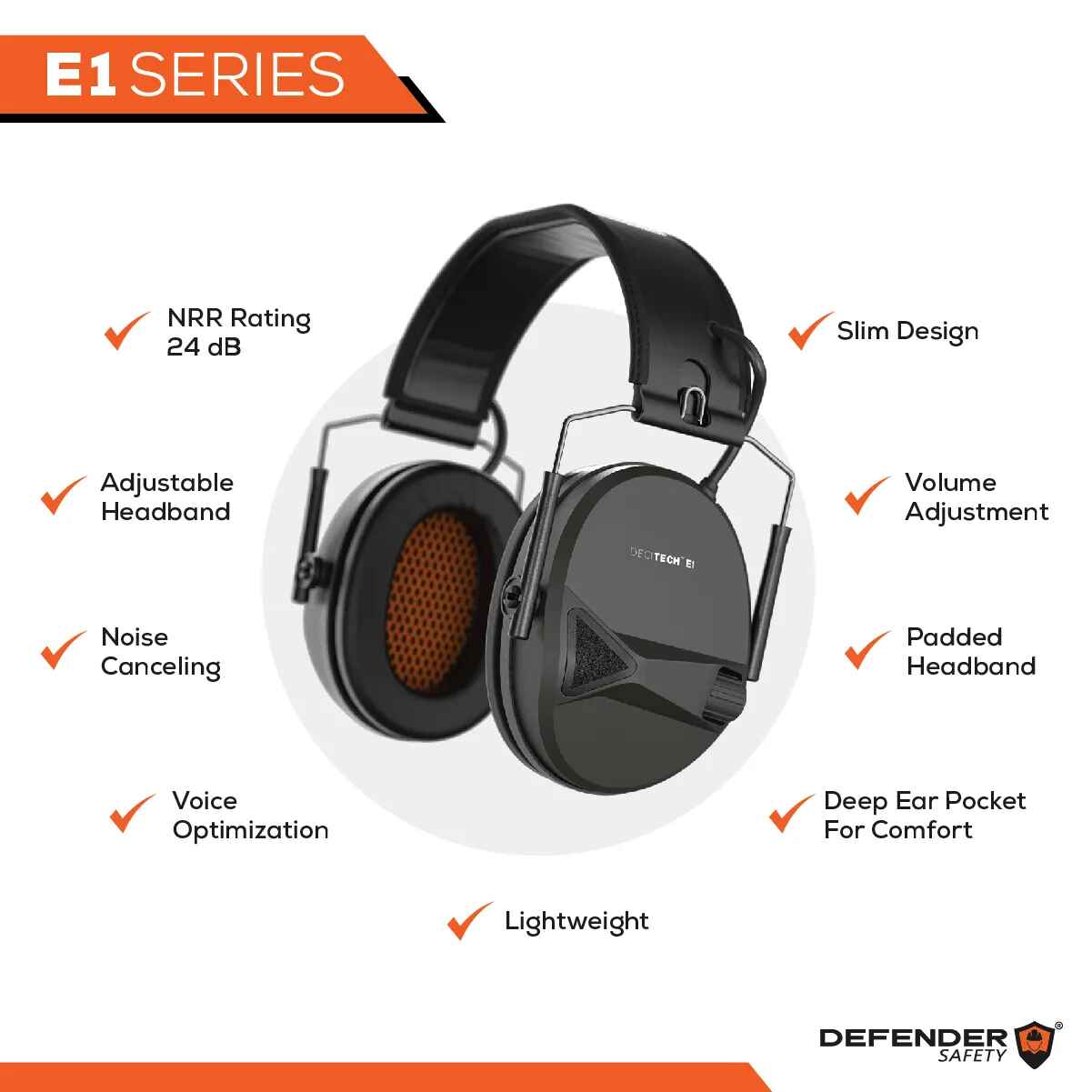 DECITECH™ E1 Active Hearing Protection, Over the Head Earmuffs - Defender Safety