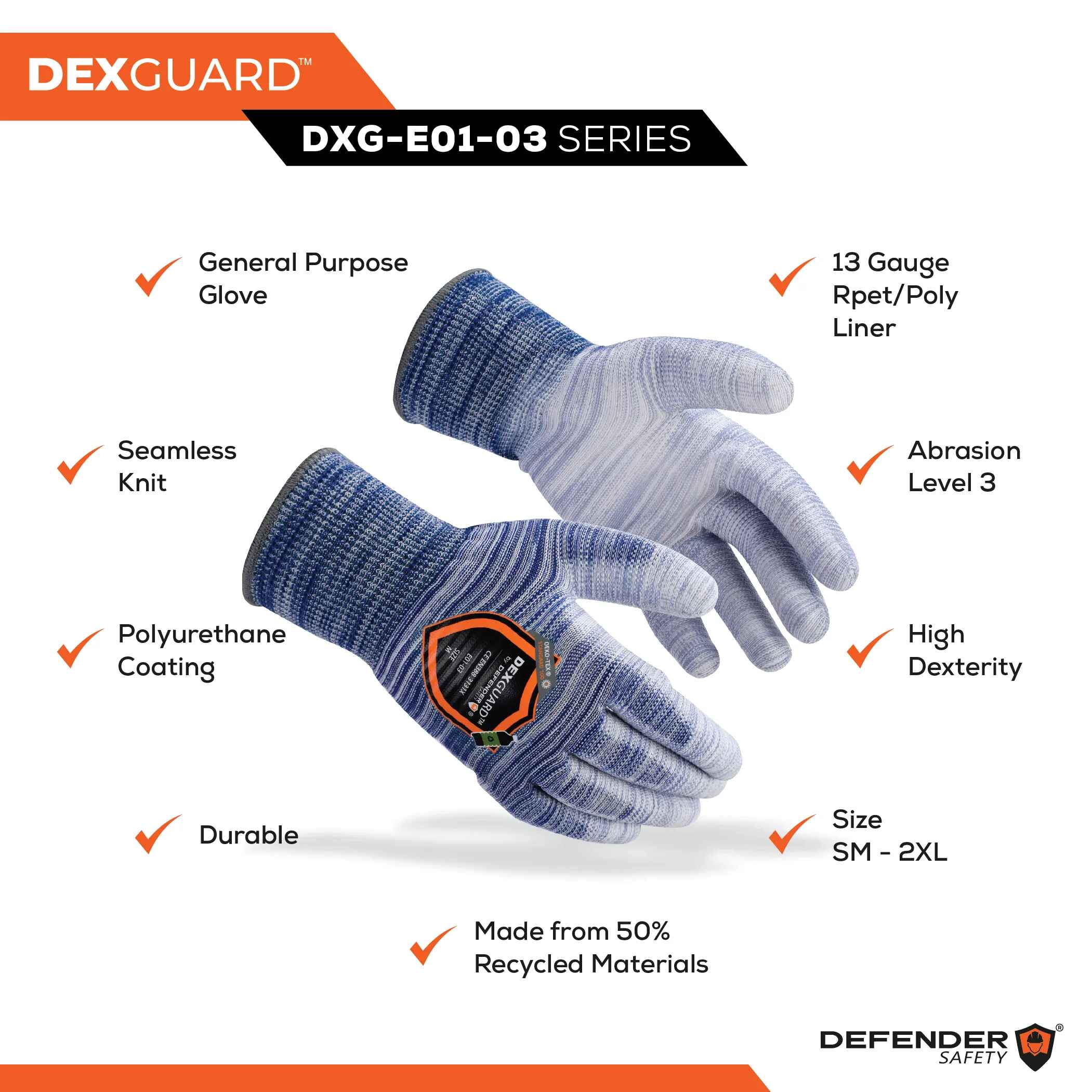 DEXGUARD™ 13G Recycled Polyester Knit Liner, Rainbow Blue Gloves, Abrasion Resistant Level 3, Polyurethane Coating - Defender Safety