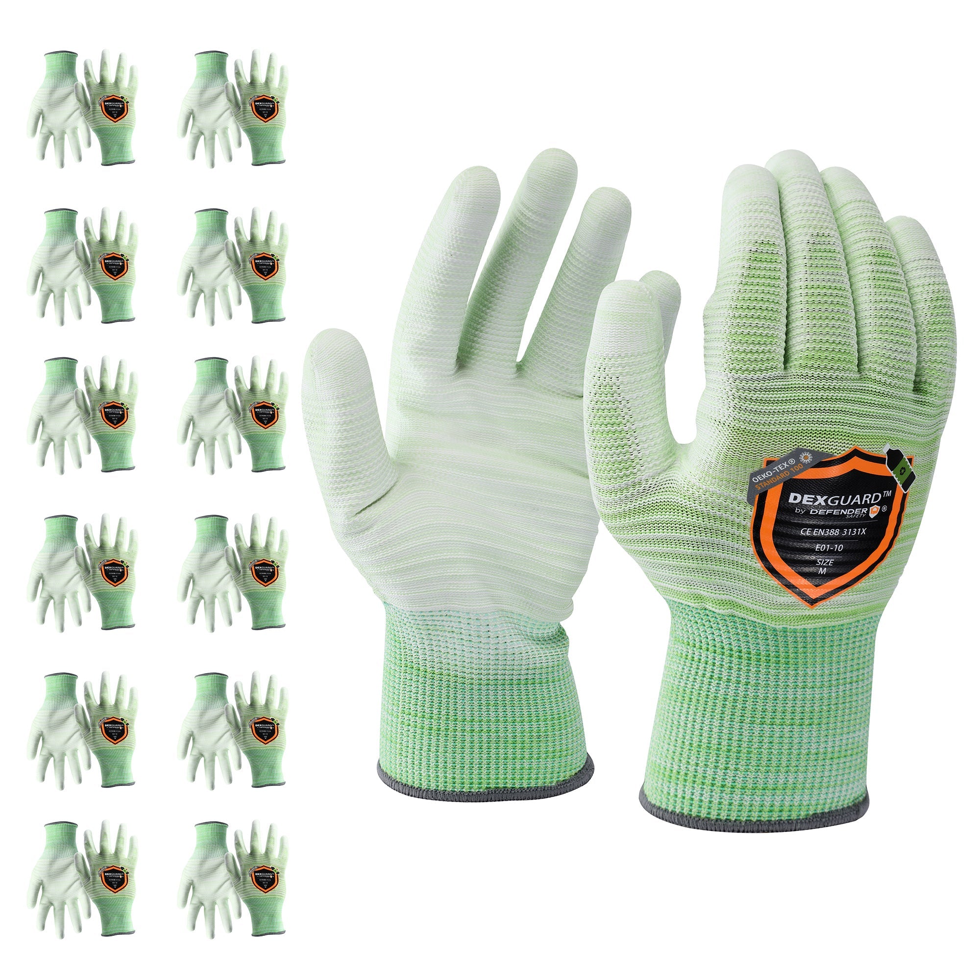 DEXGUARD™ 13G Recycled Polyester Knit Liner, Rainbow Green Gloves, Abrasion Resistant Level 3, Polyurethane Coating - Defender Safety