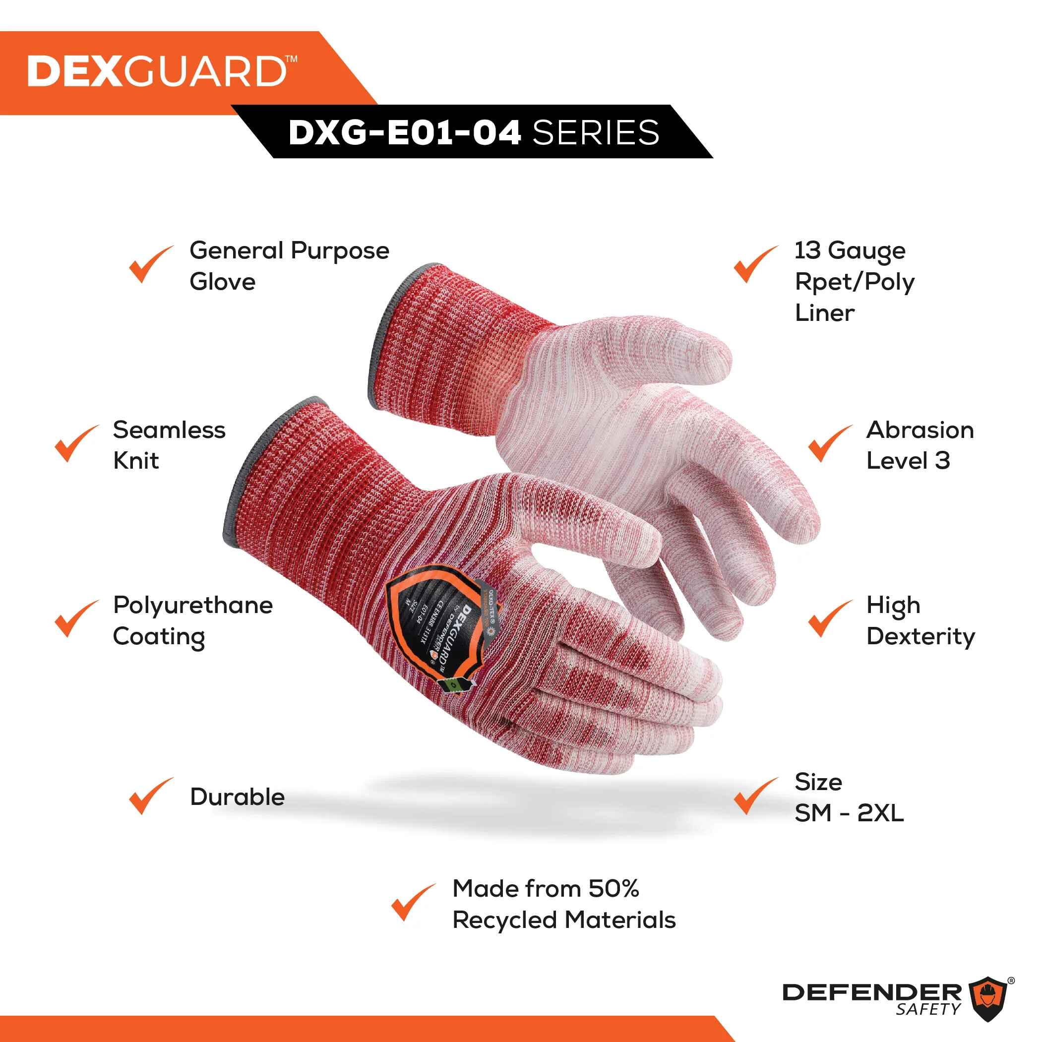 DEXGUARD™ 13G Recycled Polyester Knit Liner, Rainbow Red Gloves, Abrasion Resistant Level 3, Polyurethane Coating - Defender Safety