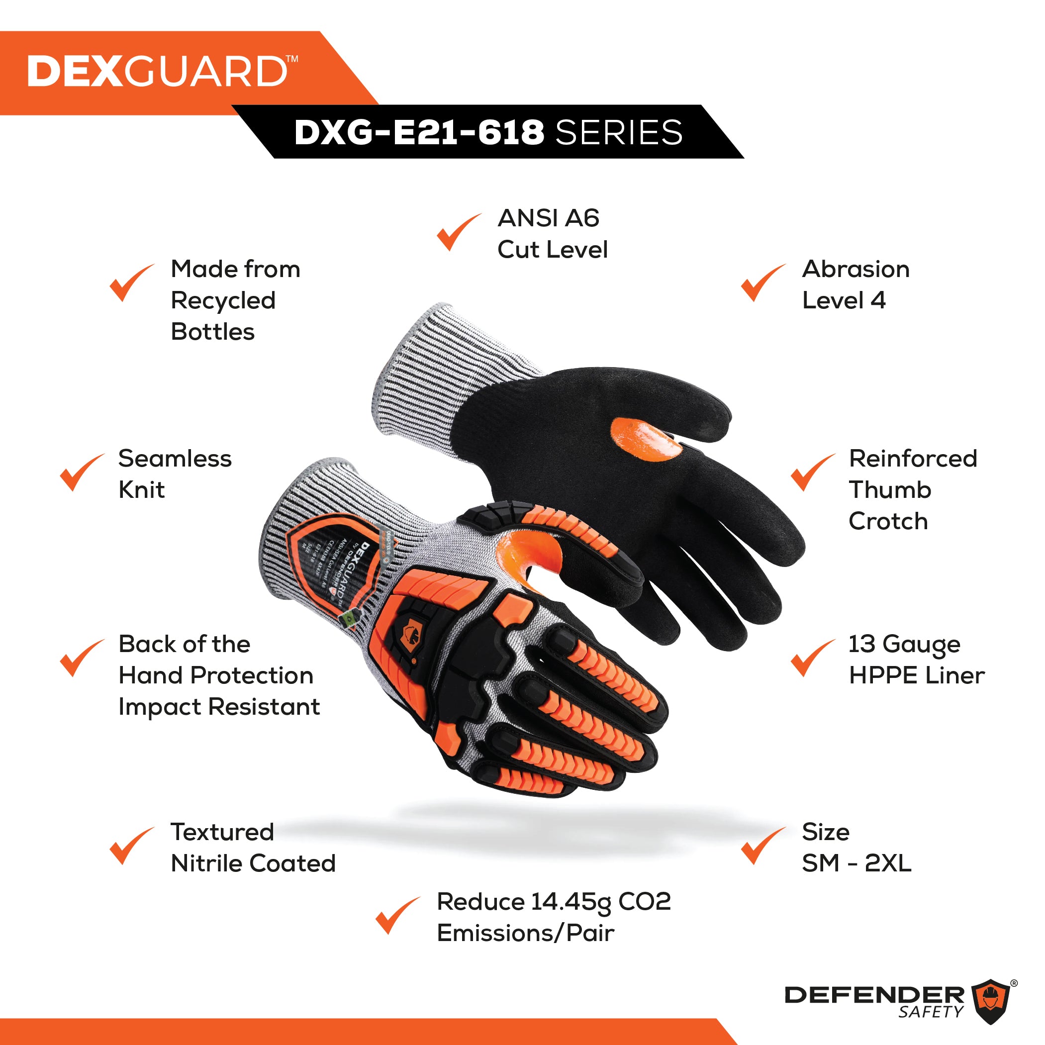 DEXGUARD™ A6 Cut Gloves, Back of the Hand Impact Resistant, Level 4 Abrasion Resistant, Textured Nitrile Coating. - Defender Safety