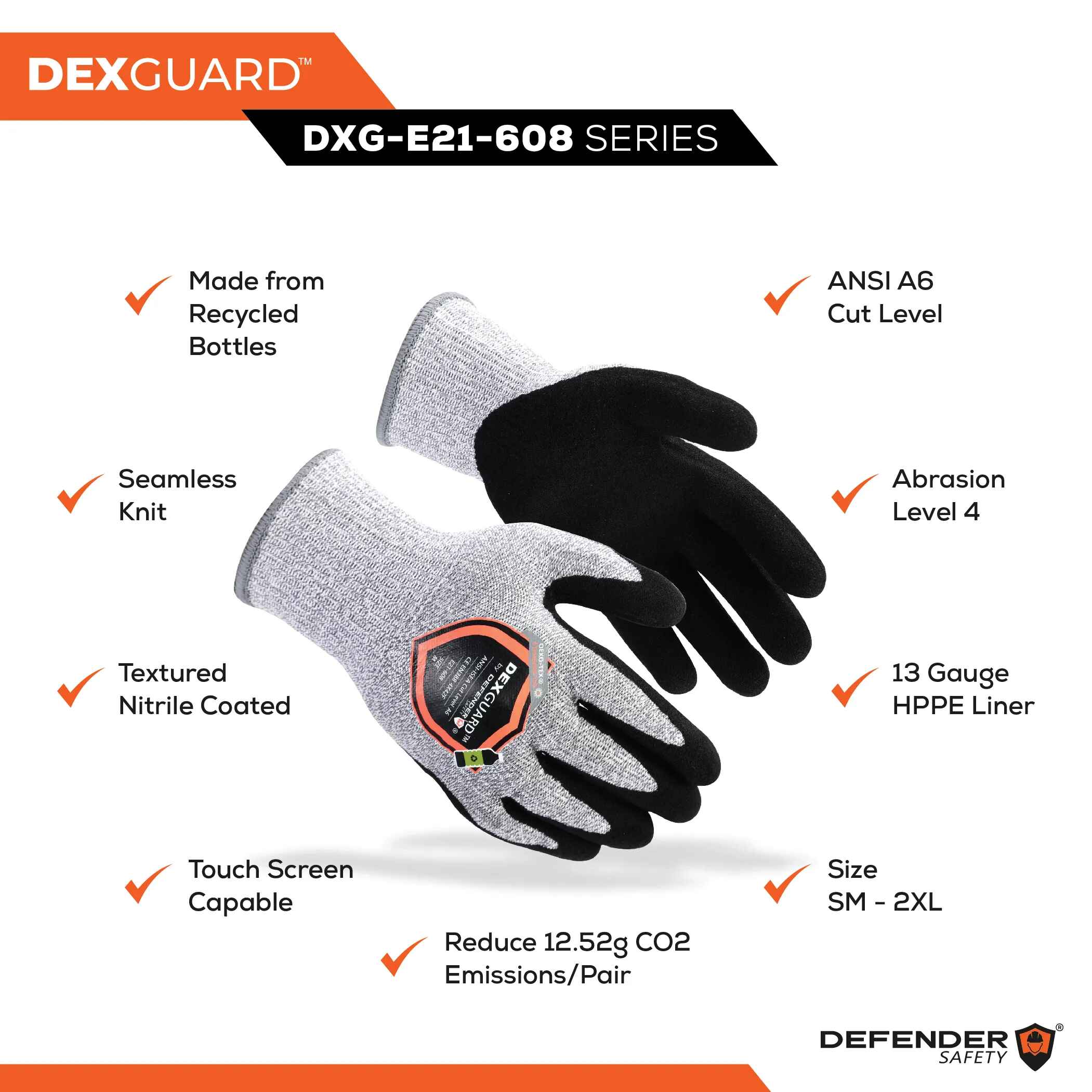 DEXGUARD™ A6 Cut Gloves, Level 4 Abrasion Resistant, Textured Nitrile Coating, Touch Screen Compatible - Defender Safety