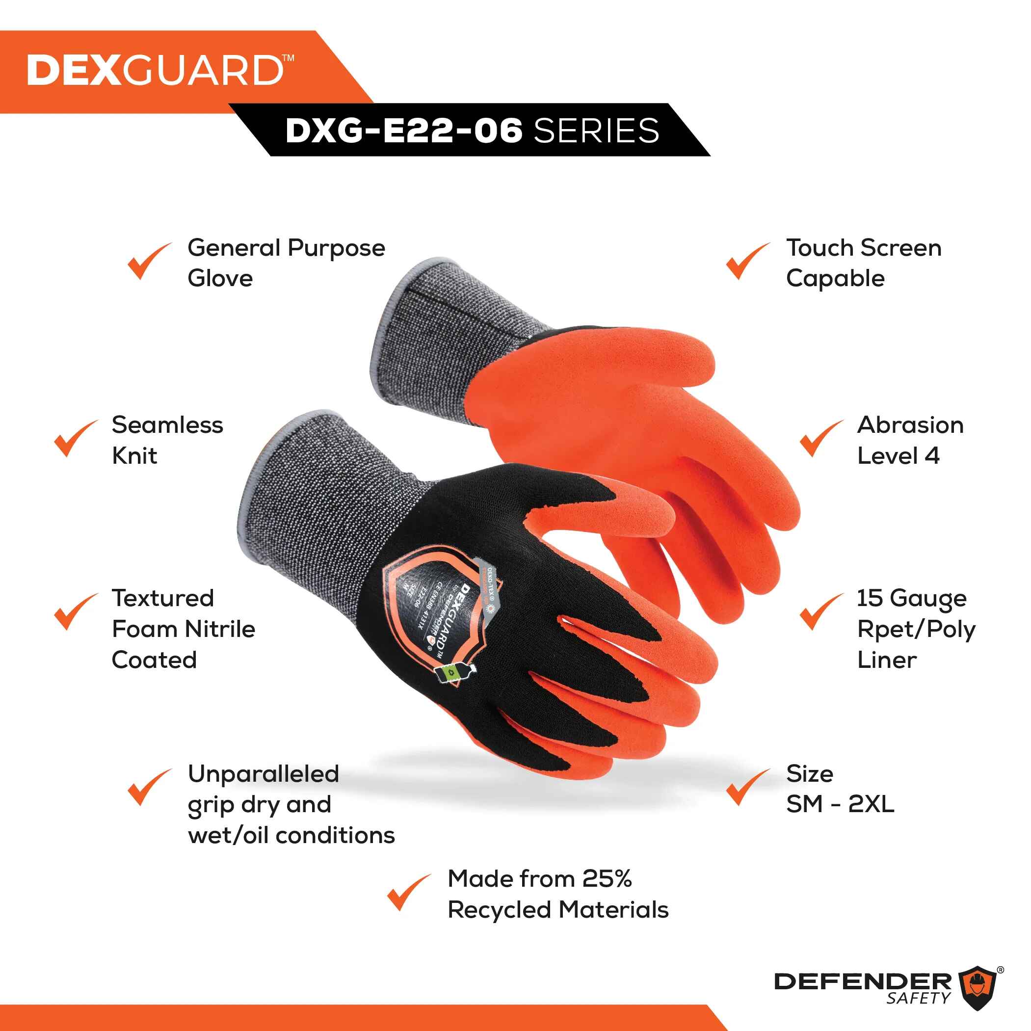 DEXGUARD™ General Purpose Recycled Gloves, Touch Screen Compatible, Abrasion Resistant Level 4, Textured Nitrile Coating - Defender Safety