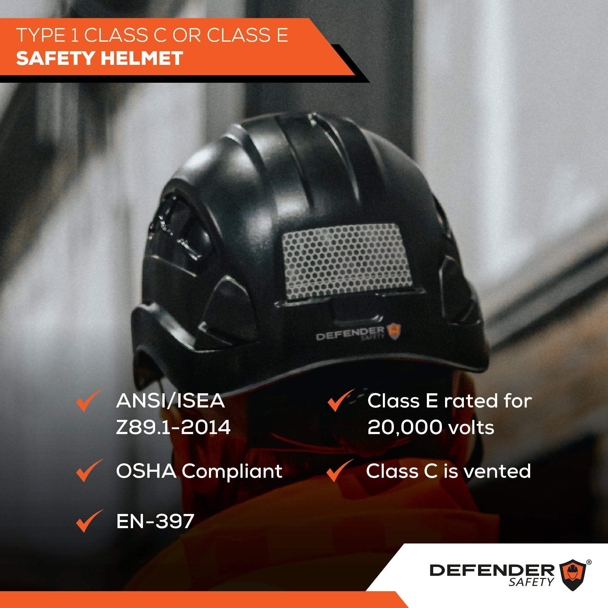 H1-CH Safety Helmet Type 1, Class C, ANSI Z89 & EN 397 Rated - Defender Safety