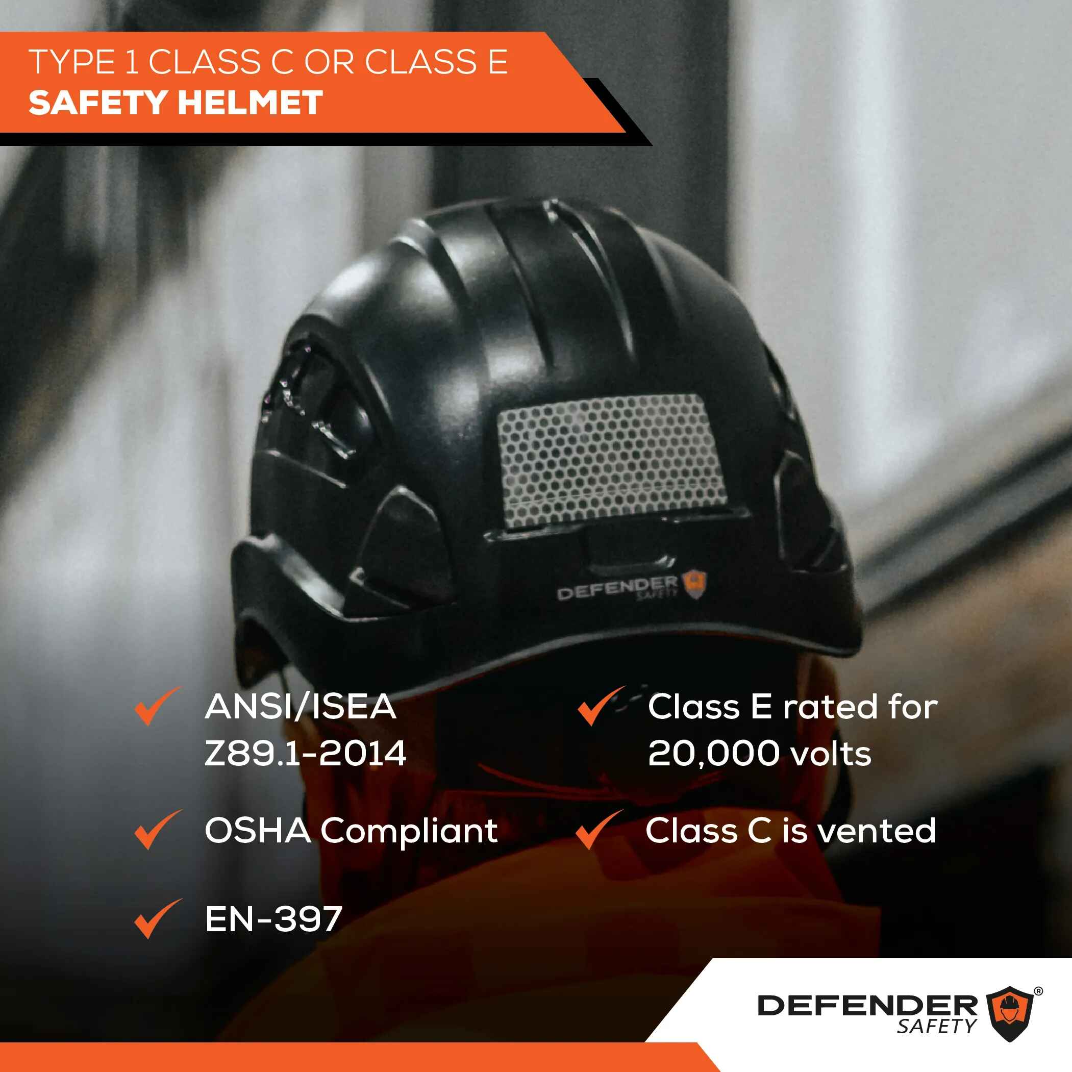H1-EH, Electrical Shock Protection, Safety Helmet Type 1, Class E, ANSI Z89 & EN 397 Rated - Defender Safety