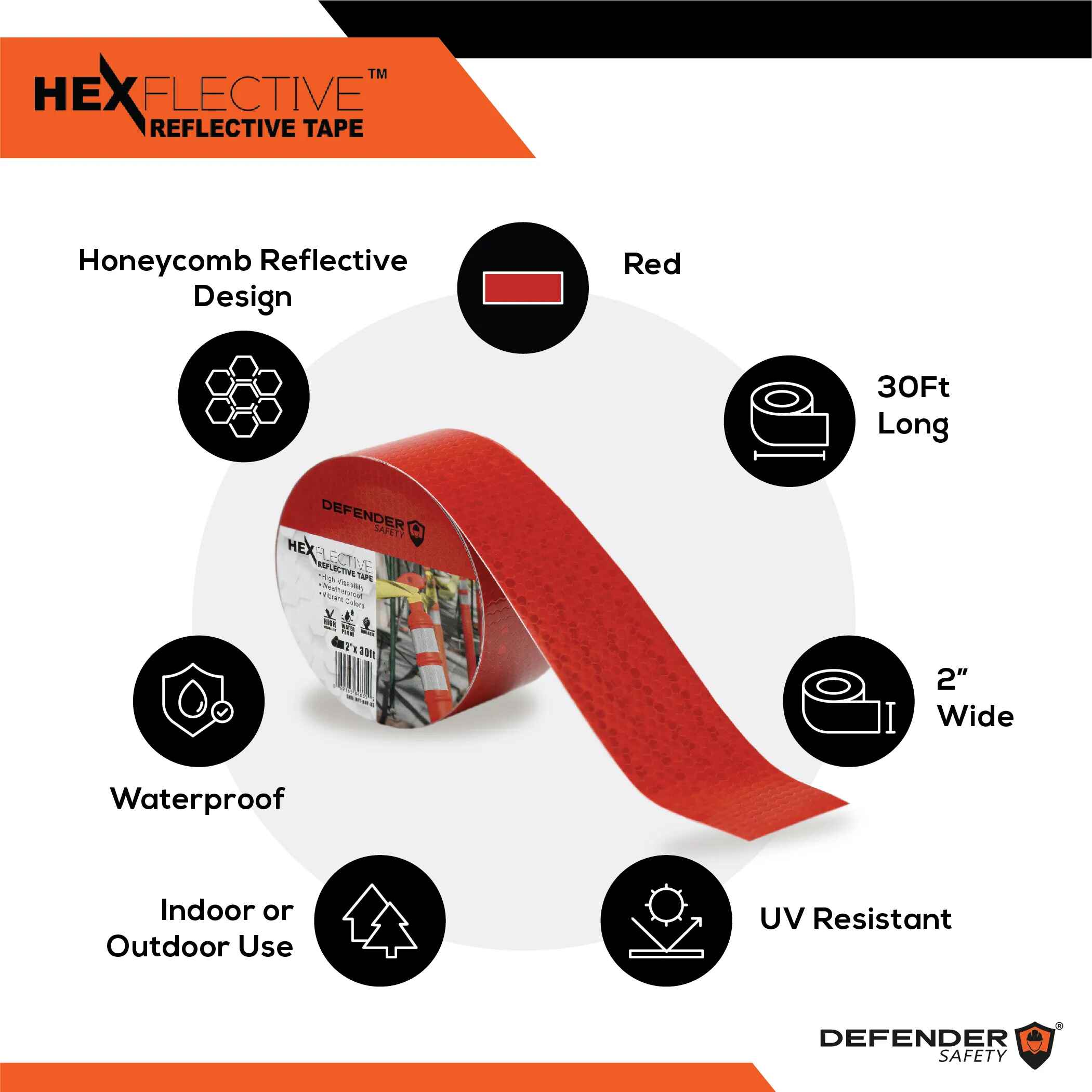 HEXFLECTIVE™ Reflective Tape. 2"x 30'. Red Honeycomb Pattern - Defender Safety