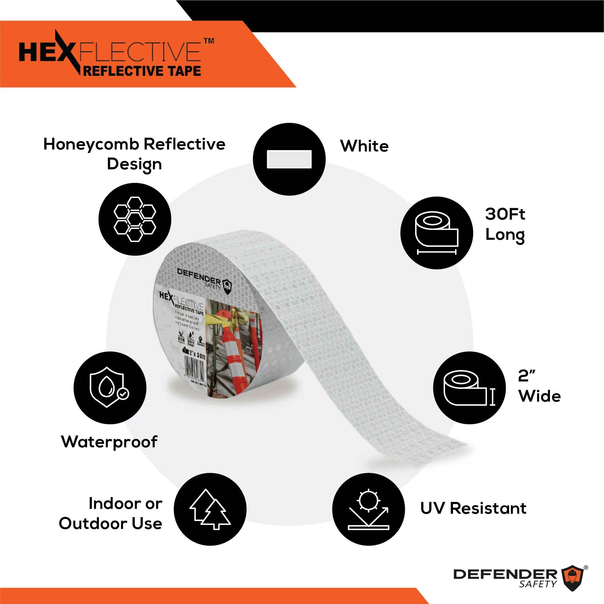 HEXFLECTIVE™ Reflective Tape. 2"x 30'. White Honeycomb Pattern - Defender Safety