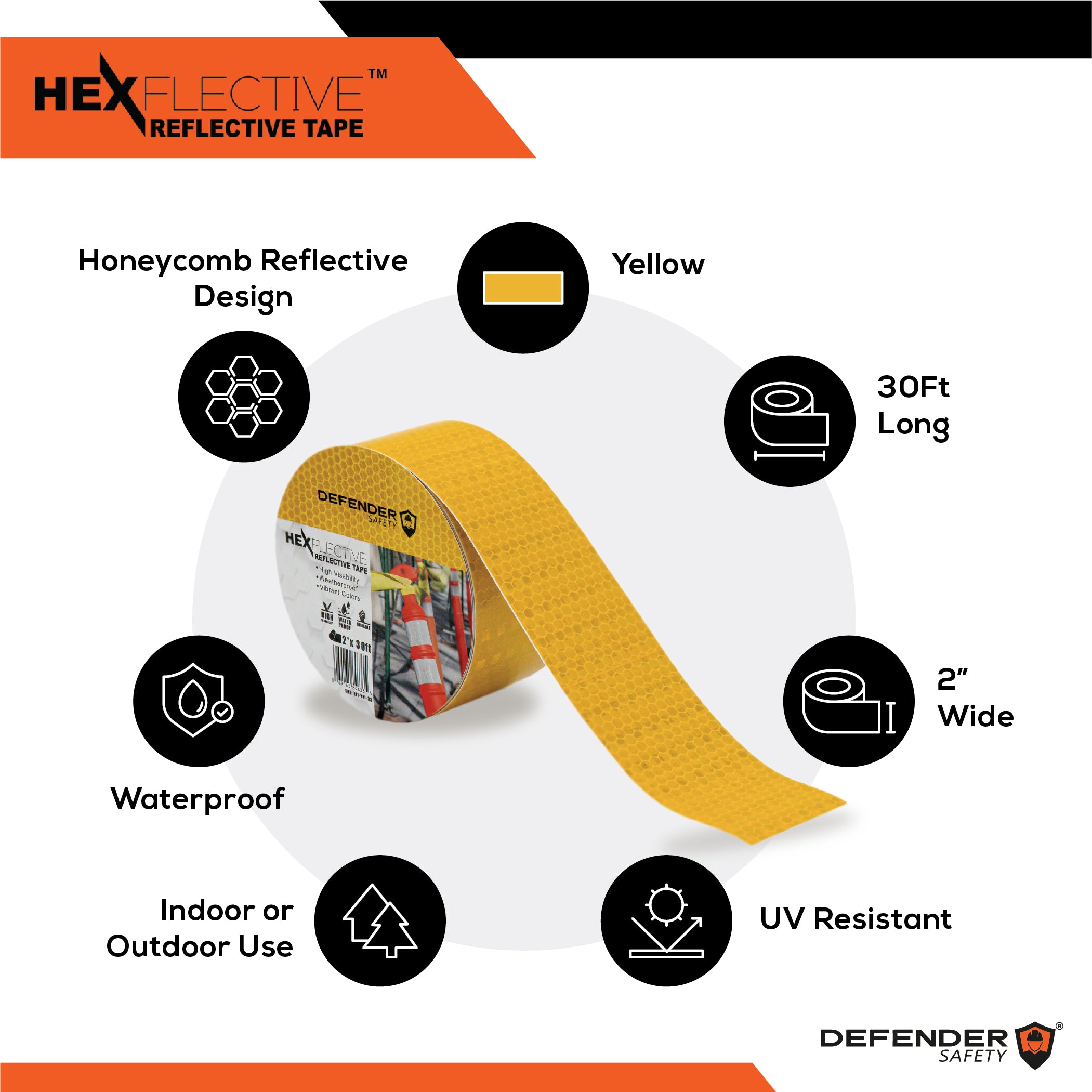 HEXFLECTIVE™ Reflective Tape. 2"x 30'. Yellow Honeycomb Pattern - Defender Safety