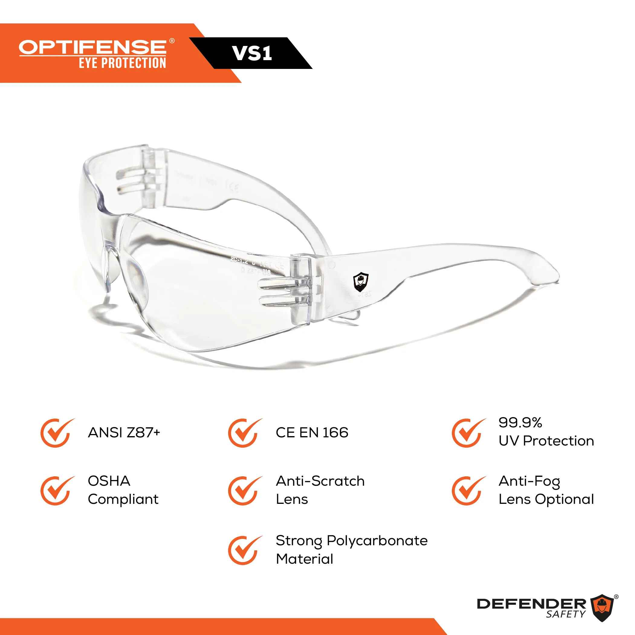 OPTIFENSE™ VS1 CLEAR Safety Glasses, ANSI Z87+, 30pc per Box - Defender Safety