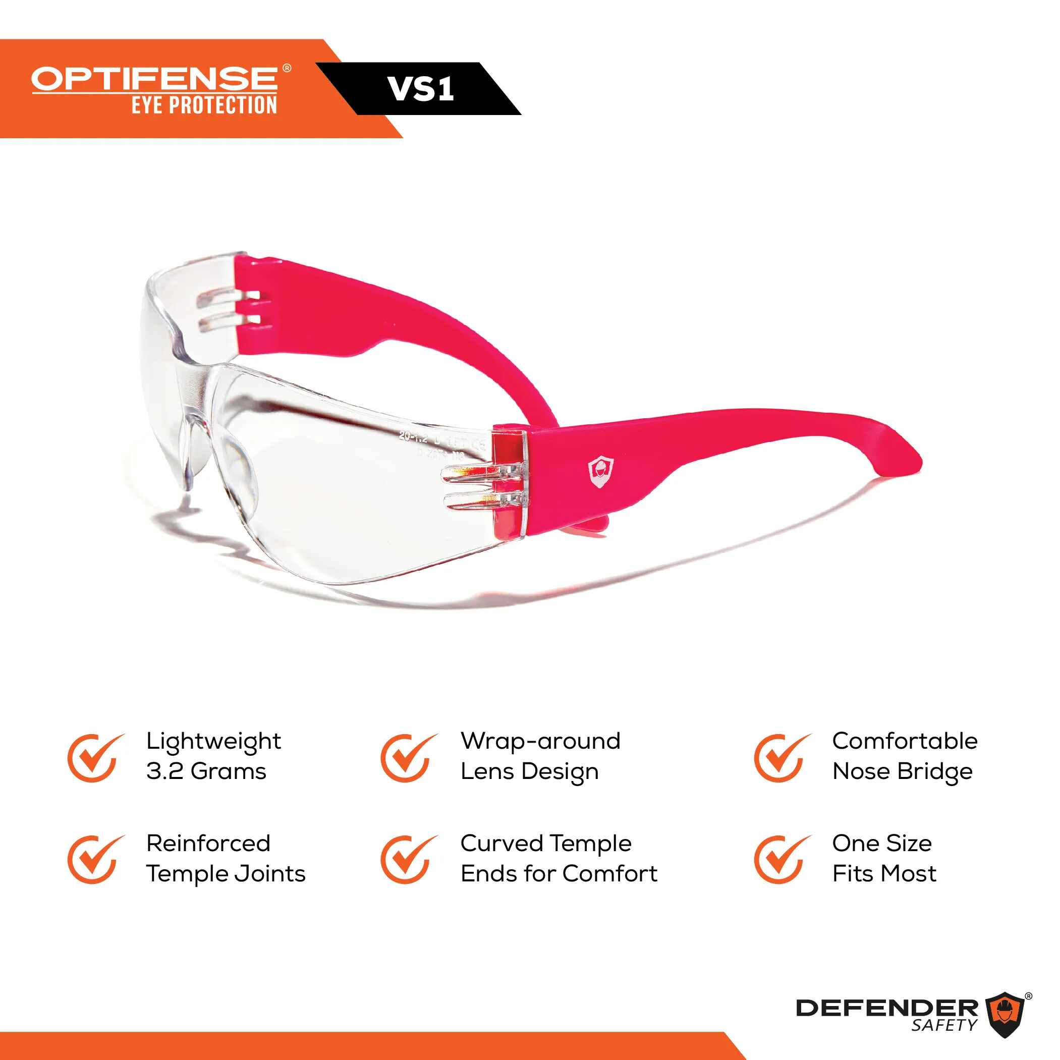 OPTIFENSE™ VS1 CLEAR Safety Glasses, ANSI Z87+, 30pc per Box - Defender Safety