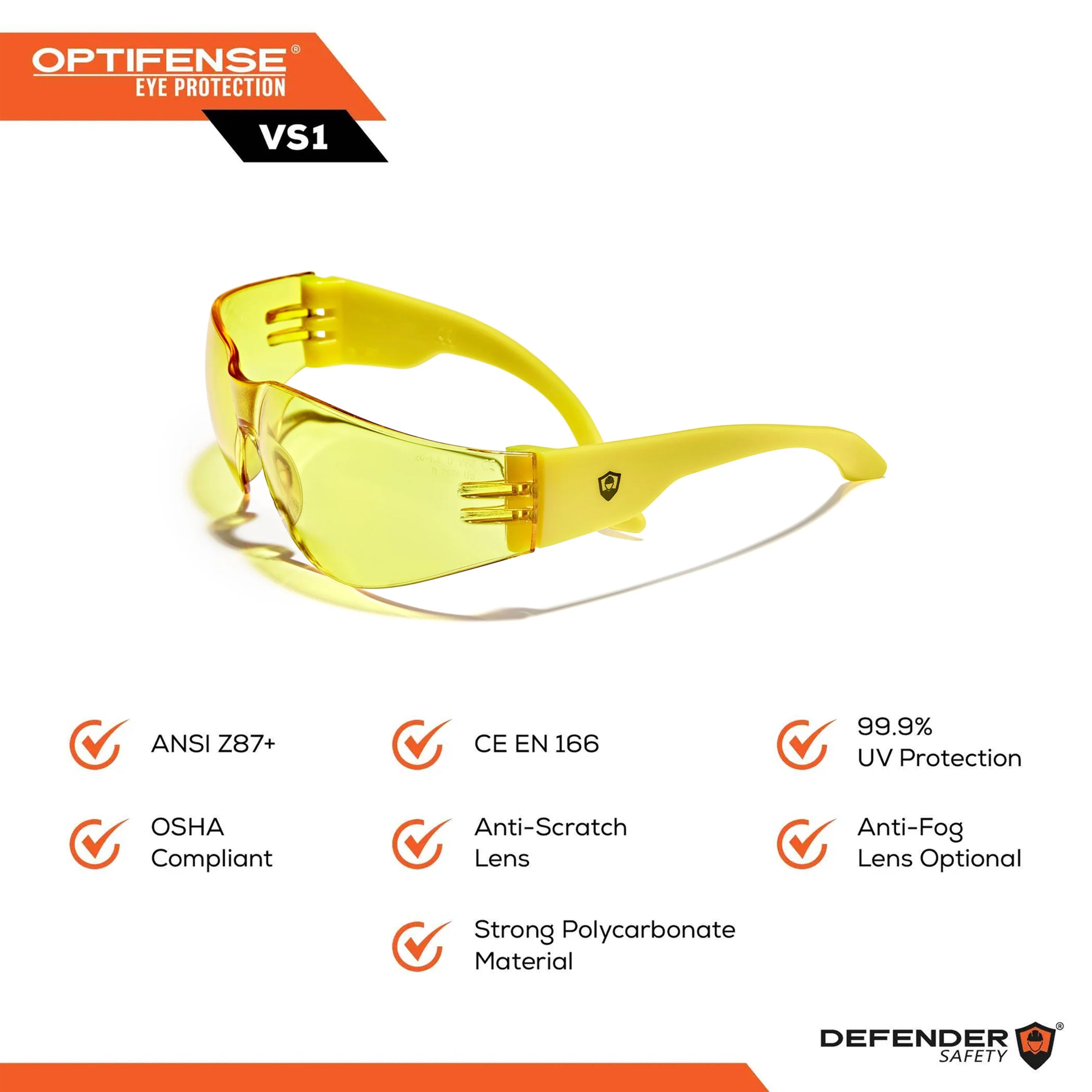 OPTIFENSE™ VS1AF AMBER Safety Glasses w ANTI-FOG, ANSI Z87+, 30pc per Box - Defender Safety