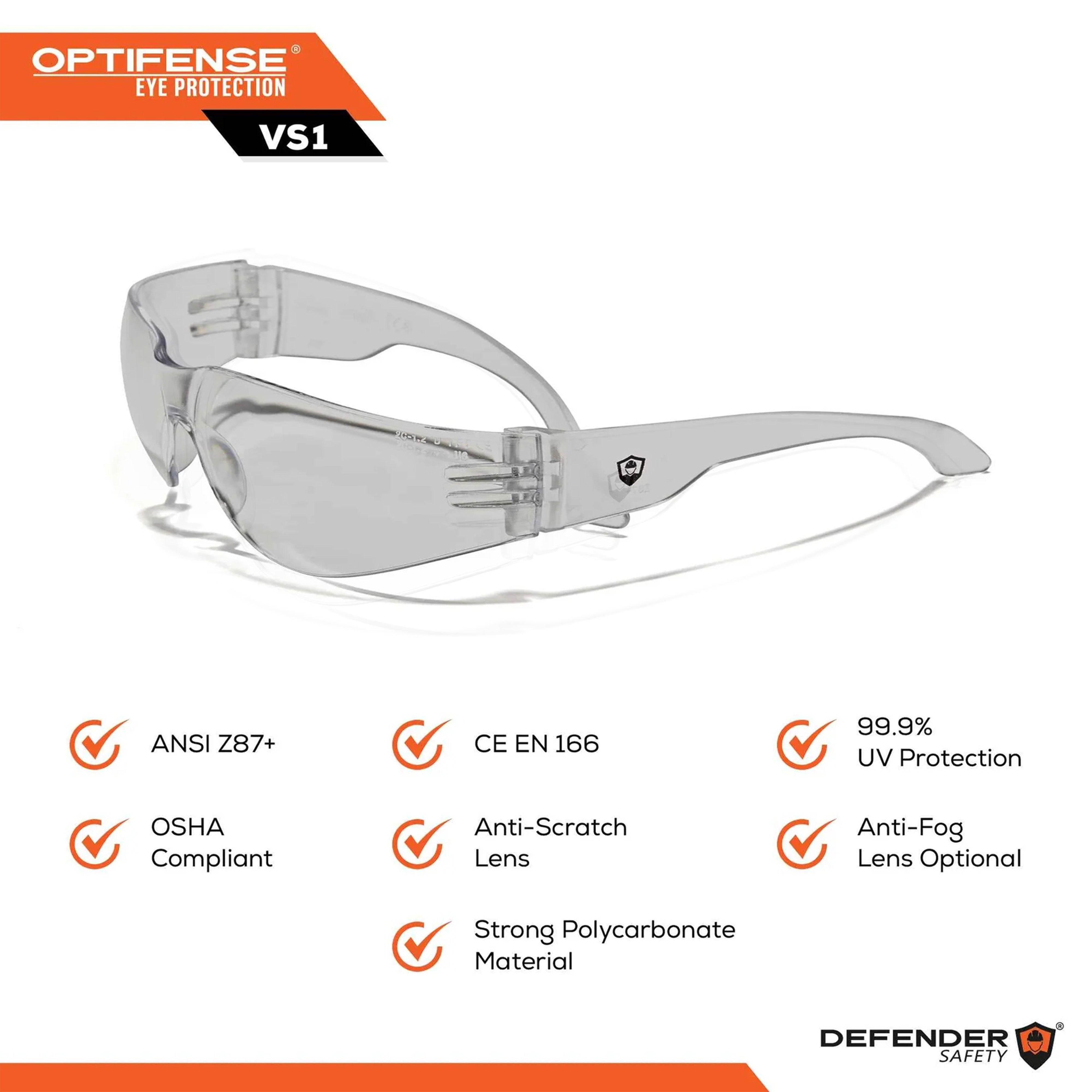OPTIFENSE™ VS1AF SMOKED Glasses w ANTI-FOG, ANSI Z87+, 30pc per Box - Defender Safety