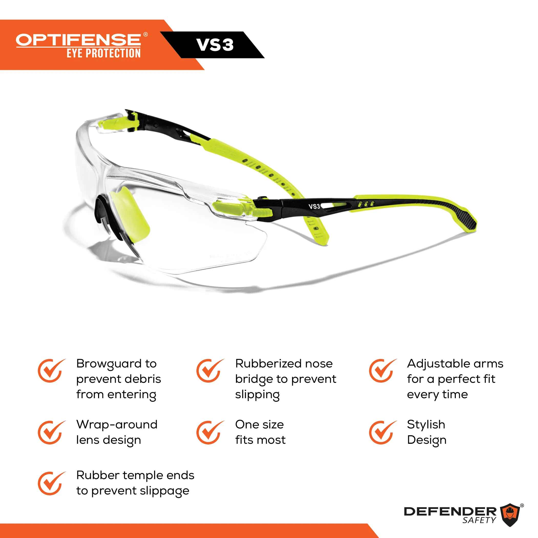 OPTIFENSE™ VS3 Anti Fog, Premium CLEAR Safety Glasses, ANSI Z87+ - Defender Safety