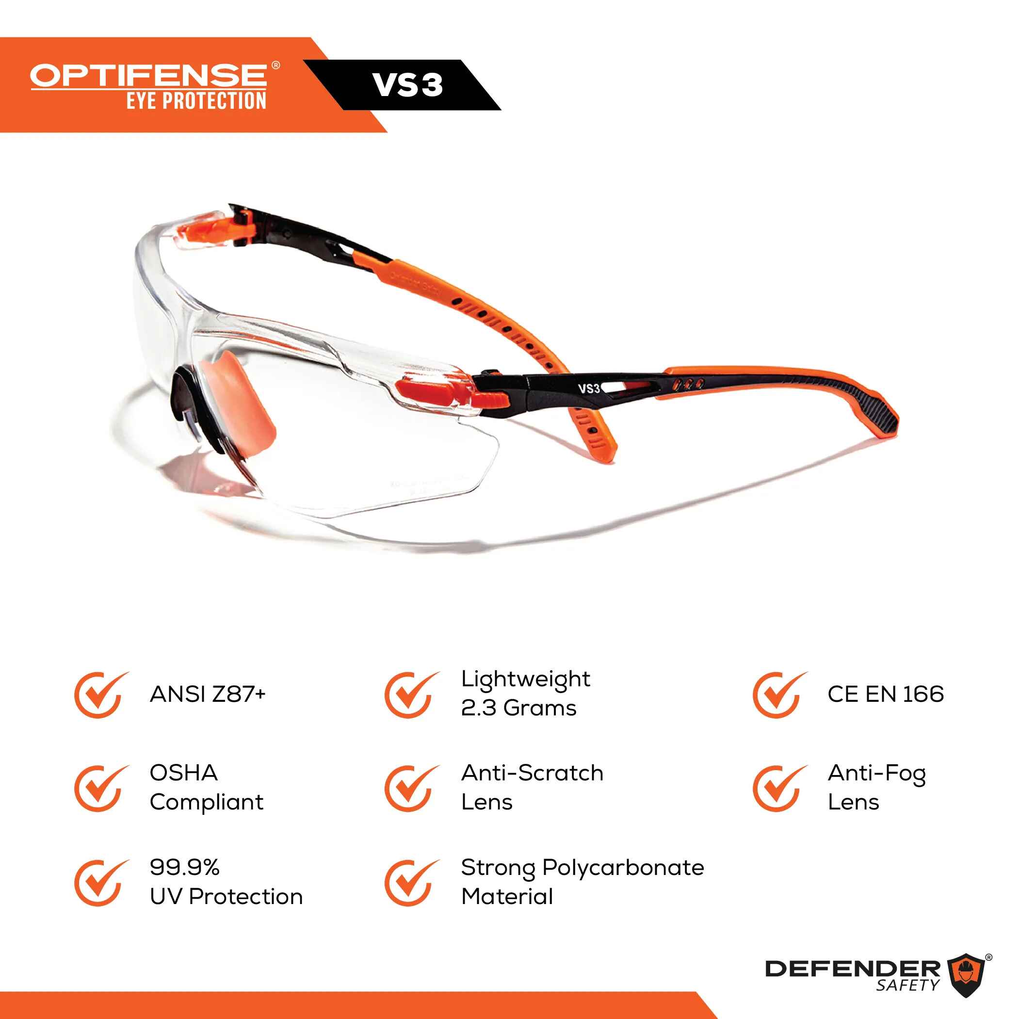 OPTIFENSE™ VS3 Anti Fog, Premium CLEAR Safety Glasses, ANSI Z87+ - Defender Safety