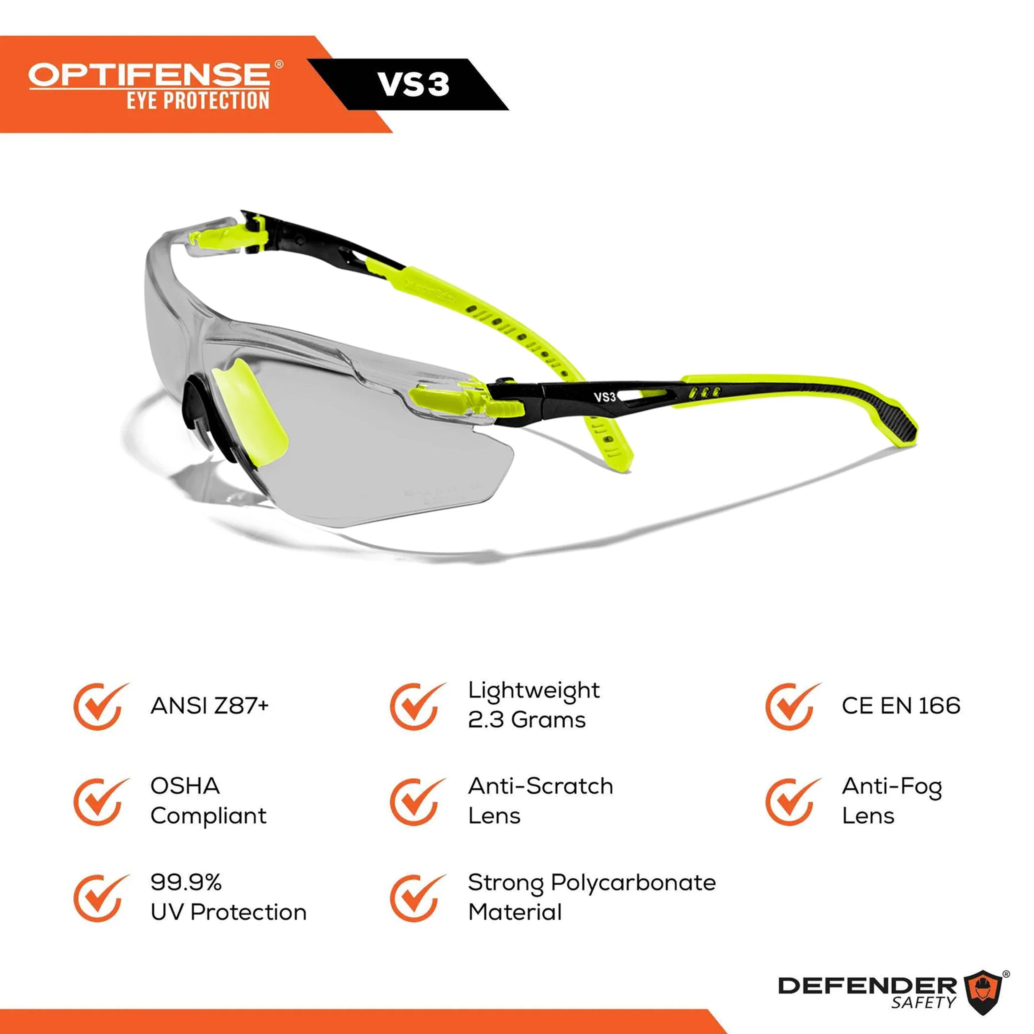 OPTIFENSE™ VS3 Anti Fog, Premium SMOKED Safety Glasses, ANSI Z87+ - Defender Safety