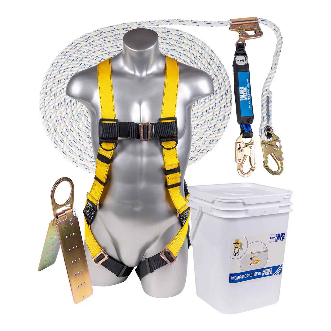 Roofing Safety Harness Kit w/ 50 ft. Lifeline Shock Absorbing Lanyard 3/4 Hooks Roof Anchor 4 Gallon Bucket V5501