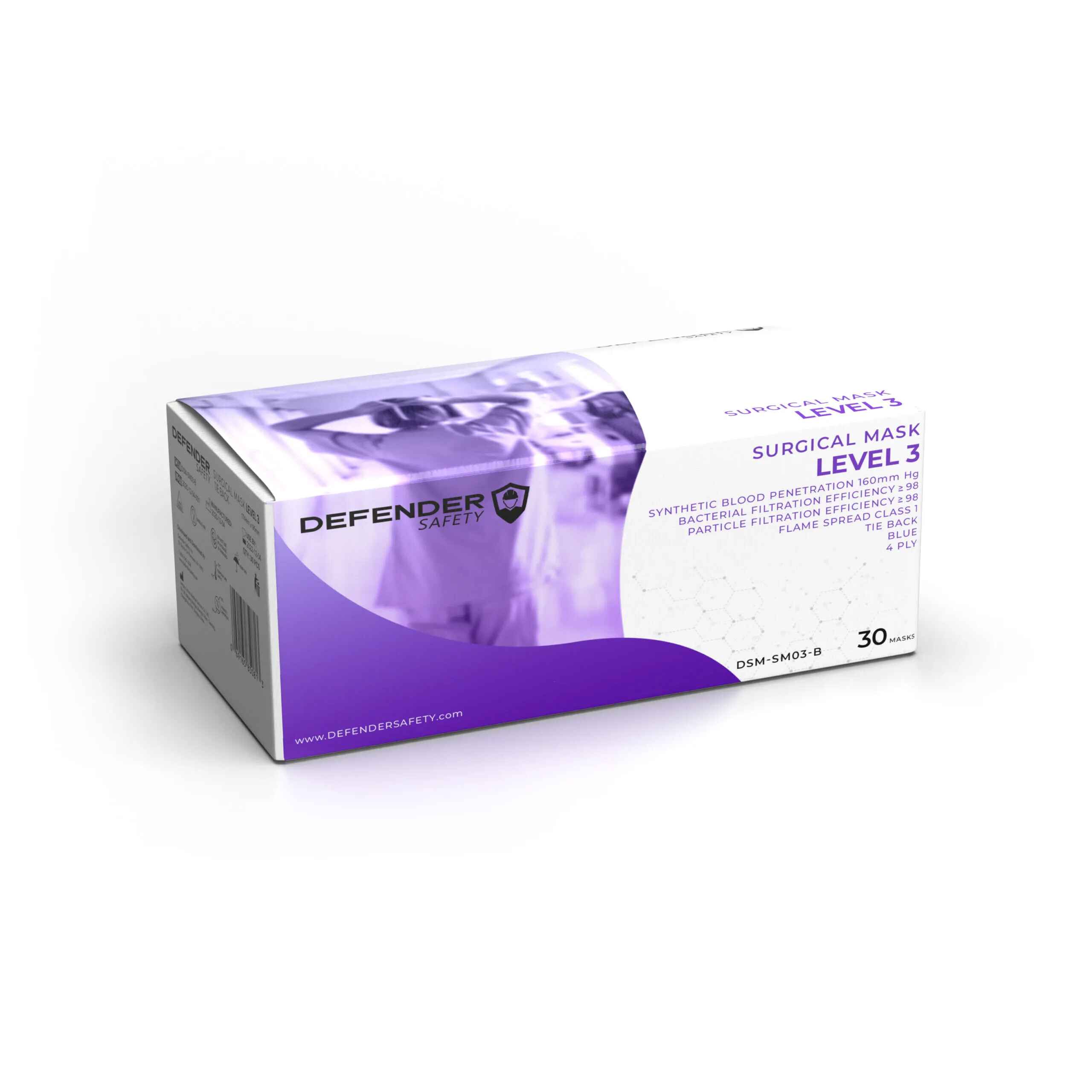 Surgical Mask w/ Ties- ASTM Level 3, 4 Layer, 99% PFE, Medical Grade, FDA 510(k) Cleared - Defender Safety