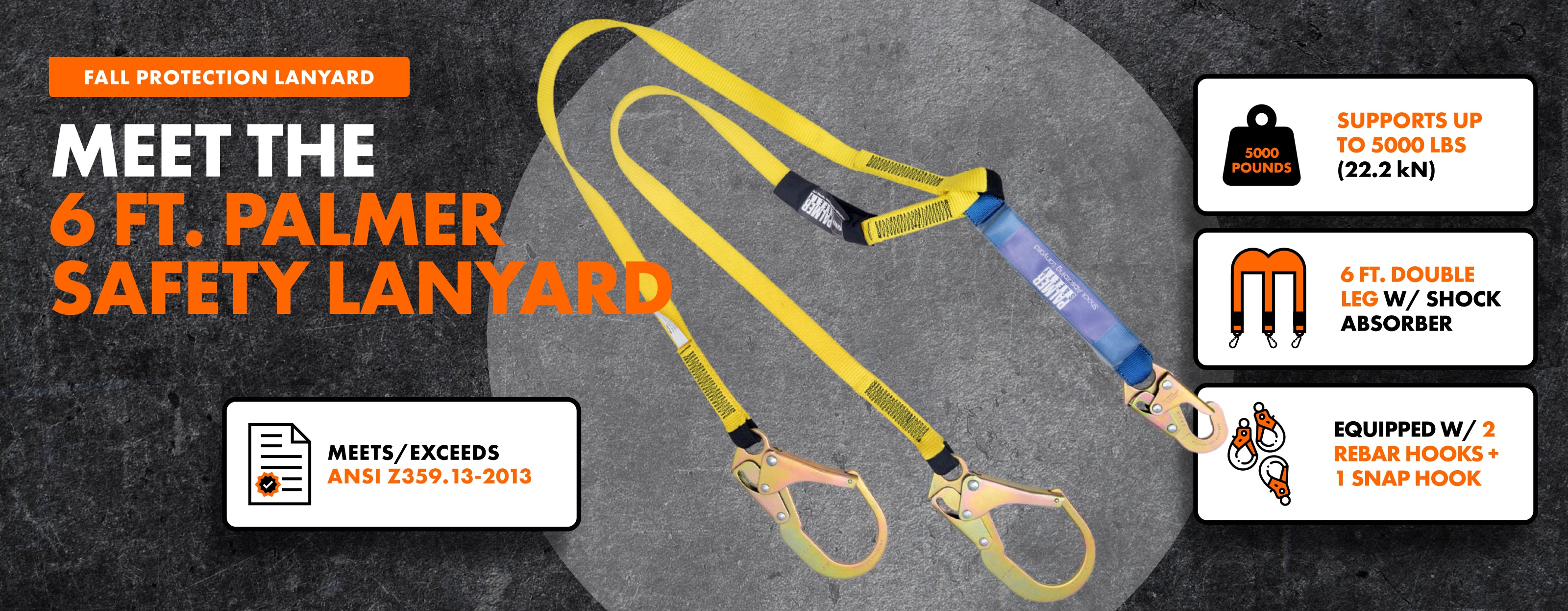 Palmer Safety Rebar Lanyard | Double Leg | Snap Hook | ANSI Compliant
