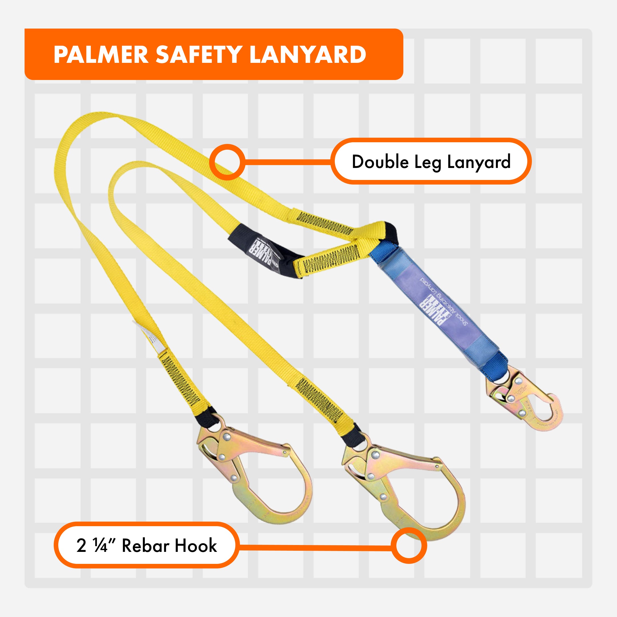 Palmer Safety Rebar Lanyard | Double Leg | Snap Hook | ANSI Compliant