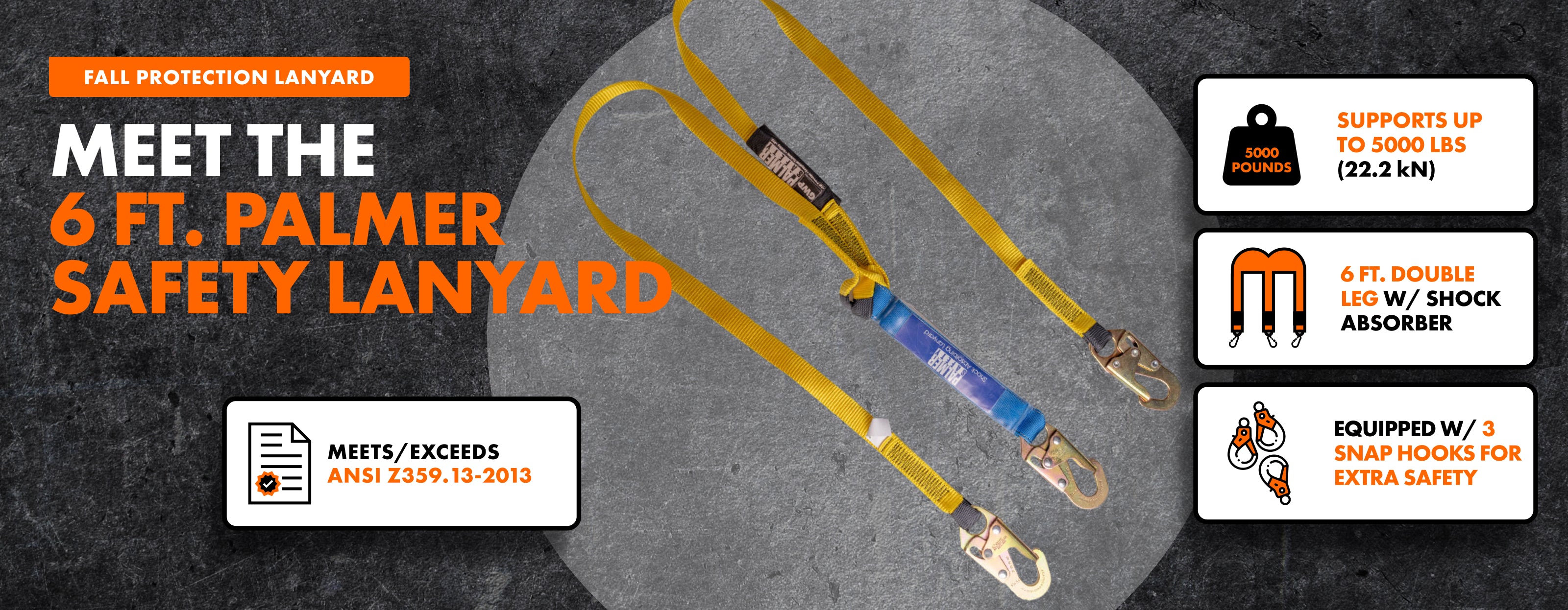 Palmer Safety Double Leg Lanyard | Snap Hooks | ANSI Compliant