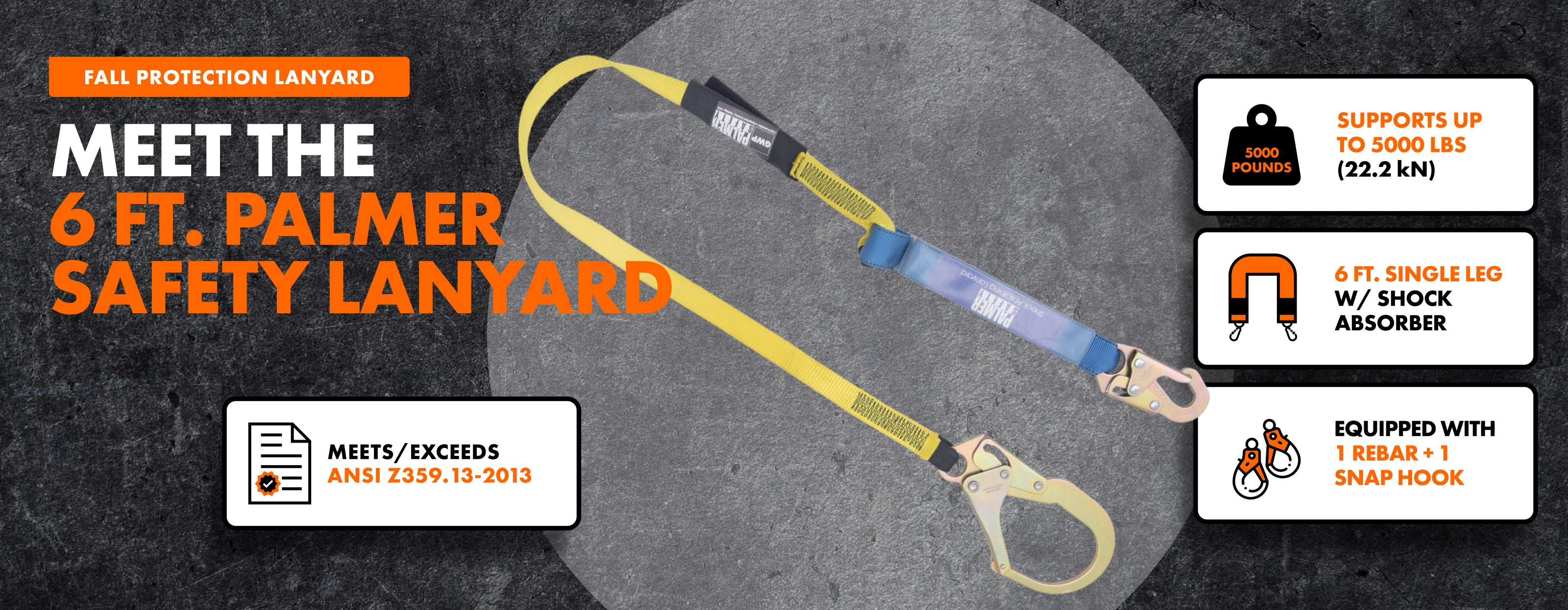 Palmer Safety Rebar Lanyard | Single Leg | Snap Hook | ANSI Compliant